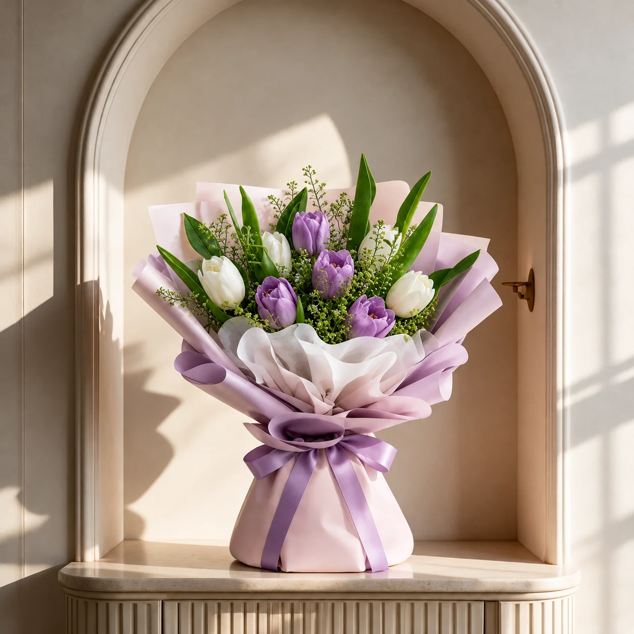 Bouquet of 4 white tulips and 4 purple tulips wrapped in elegant purple and white paper, available for same-day flower delivery in Malaysia.