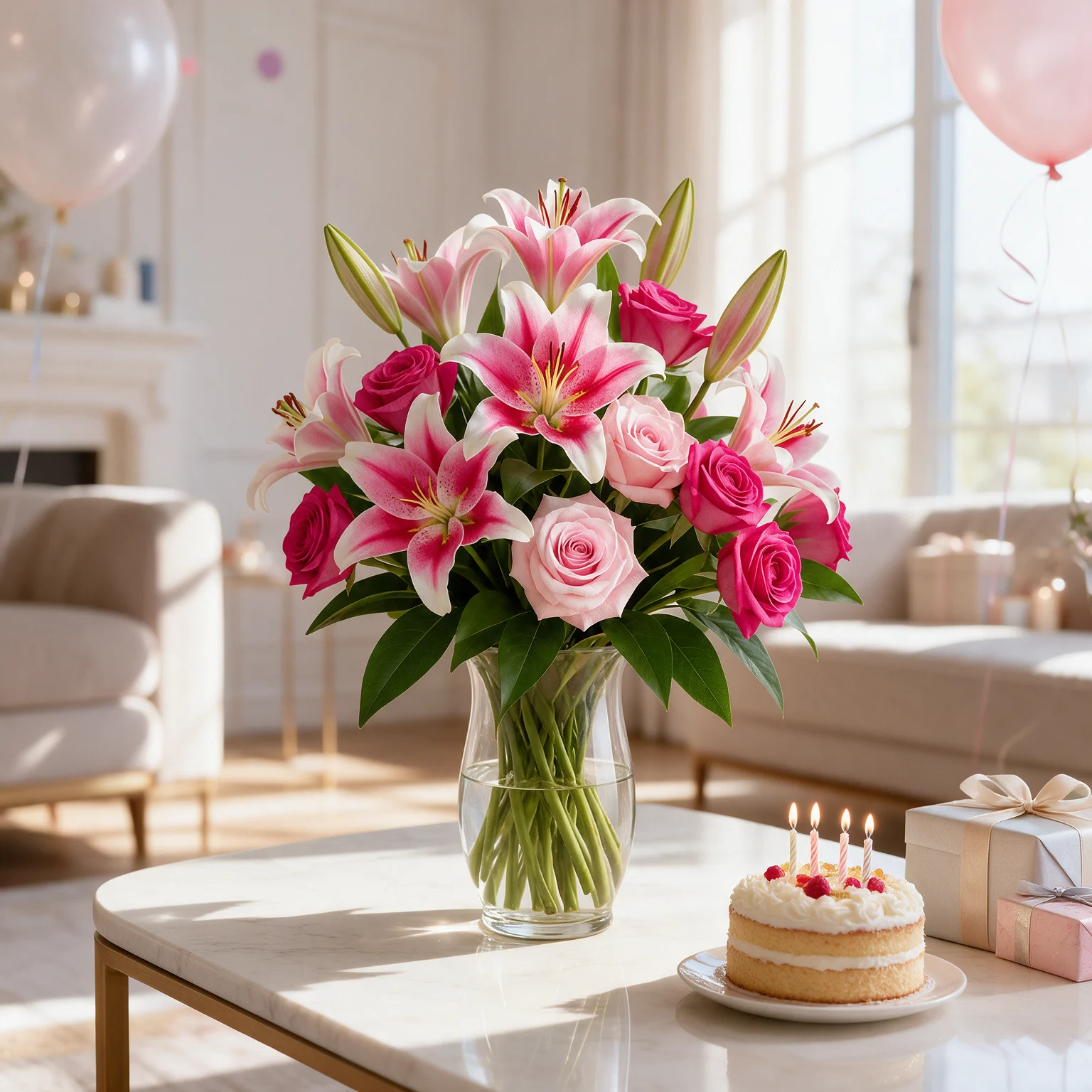 Pink lilies and pink roses arranged with green foliage in a clear glass vase.