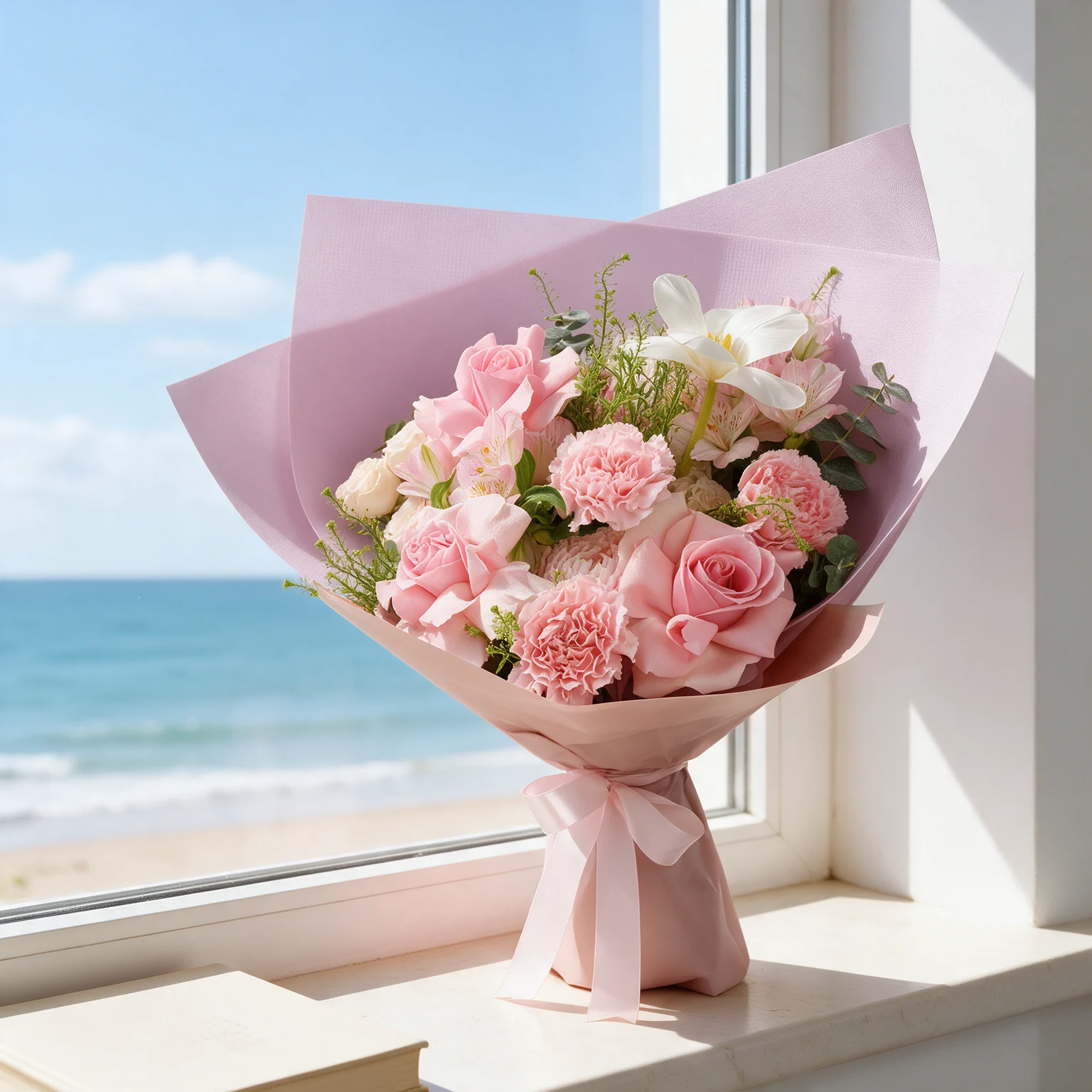 Rose Quartz bouquet of pink roses, pale pink lilies, delicate pastel blooms and fresh greenery in elegant blush pink wrapping.