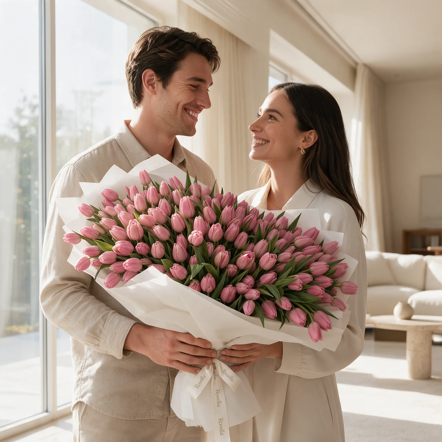 Luxury bouquet of 200 fresh pink tulips wrapped in elegant white paper, available for same-day flower delivery in Malaysia.