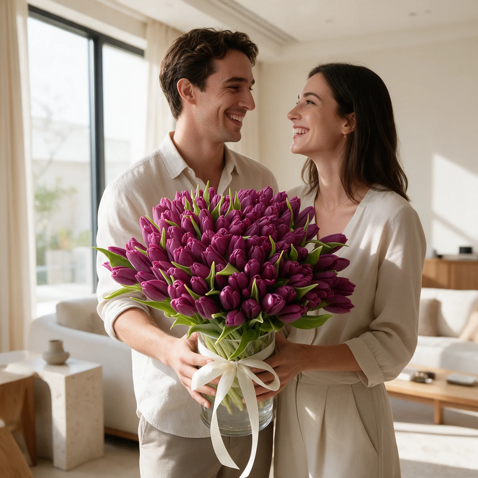 Luxury vase arrangement of 80 fresh purple tulips available with same-day flower delivery in Malaysia.