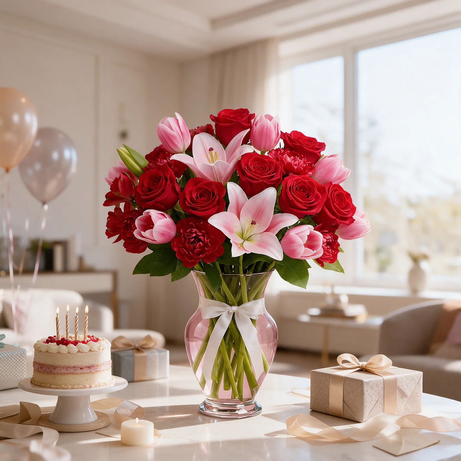Elegant vase arrangement featuring 10 red roses, 6 red carnations, 6 pink tulips and 2 pink lilies with fresh green foliage.
