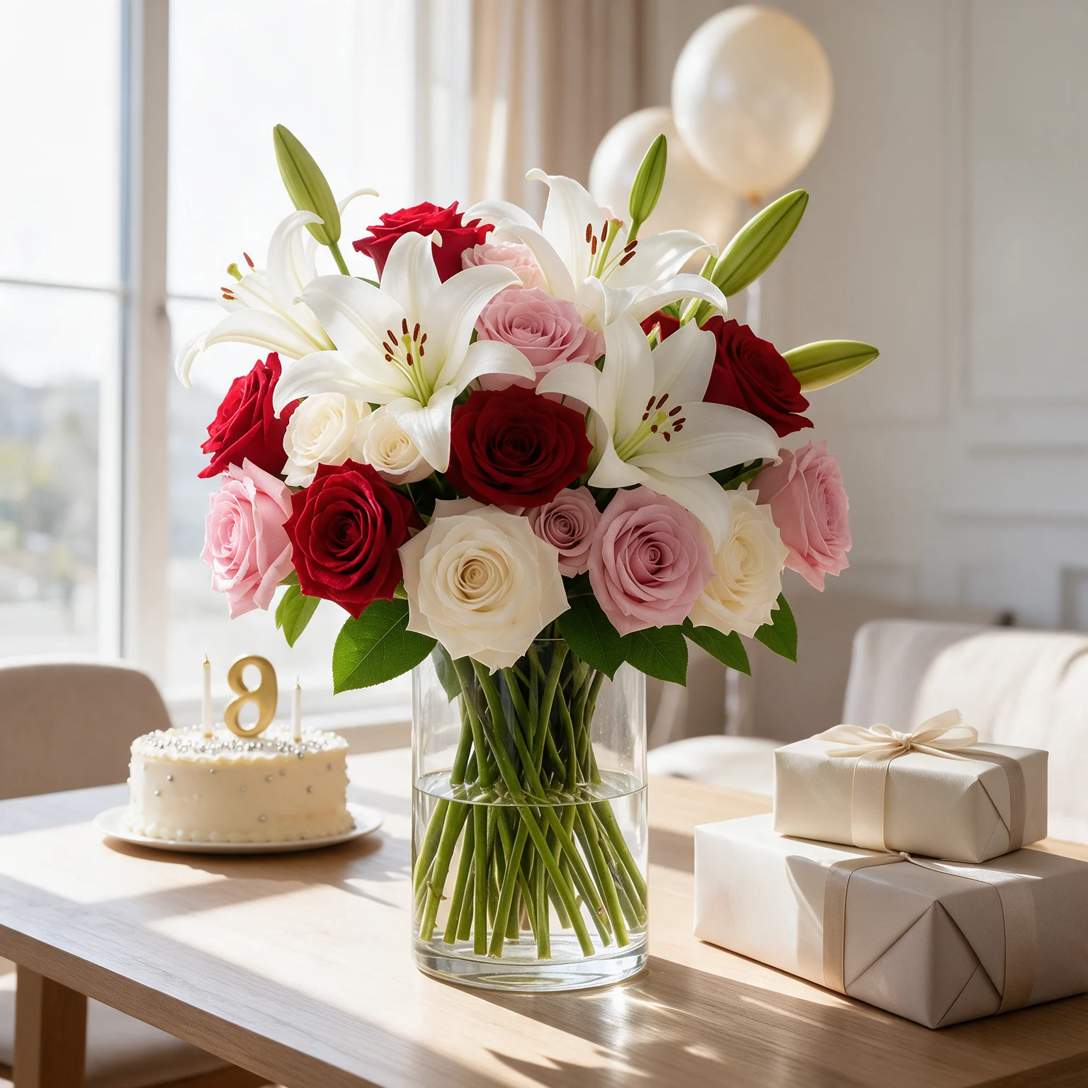 Ruby Reverie arrangement of white lilies and red, pink and white roses with green foliage in a clear glass vase.