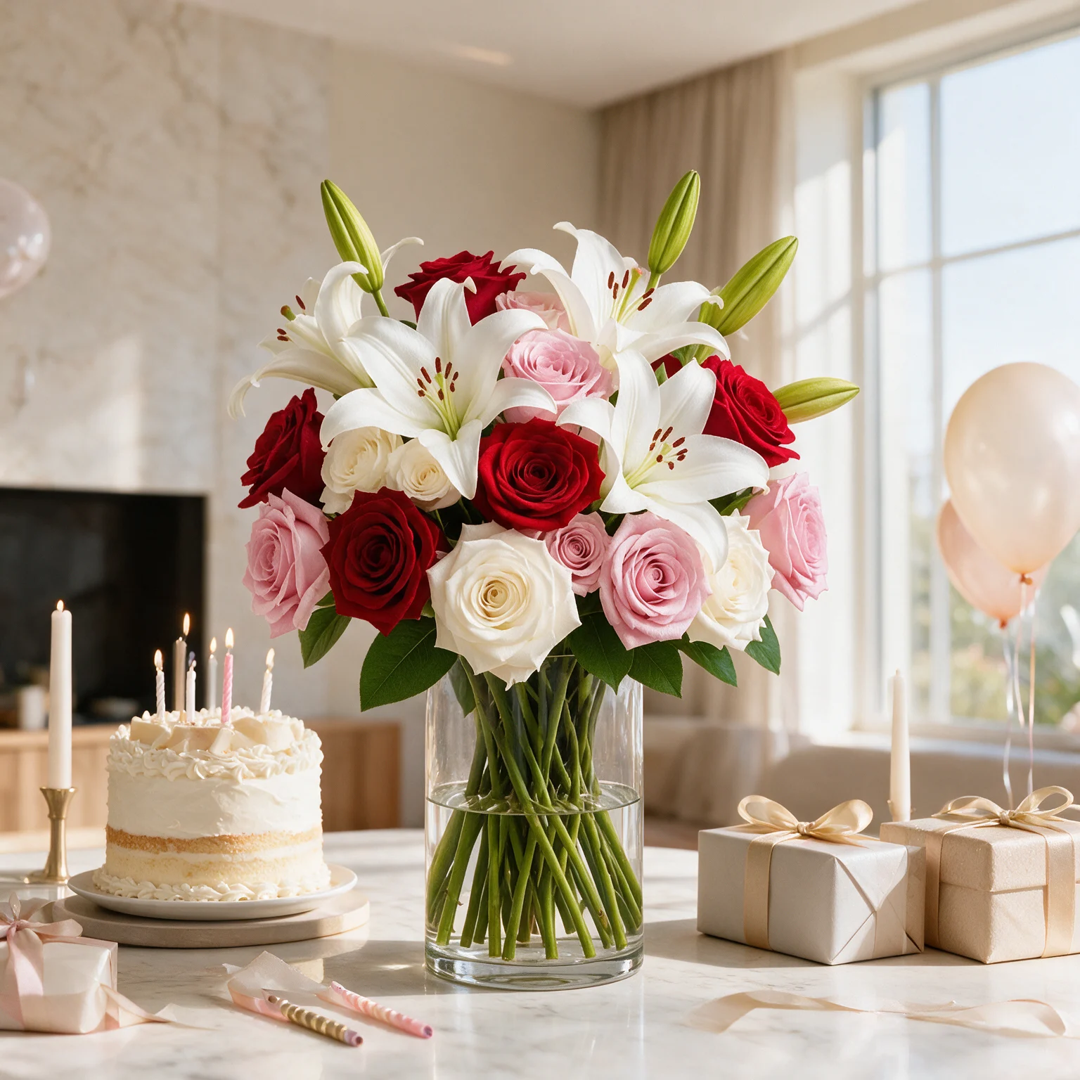 Ruby Reverie arrangement of white lilies and red, pink and white roses with green foliage in a clear glass vase.