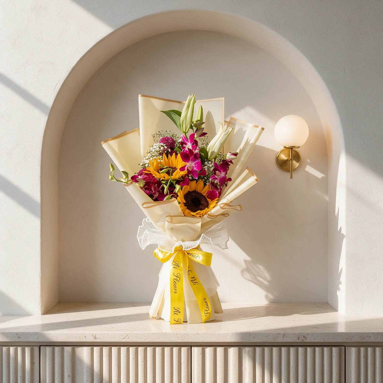 Bouquet of yellow sunflowers, purple orchids and a white lily with green foliage, wrapped in white paper and finished with a yellow ribbon.