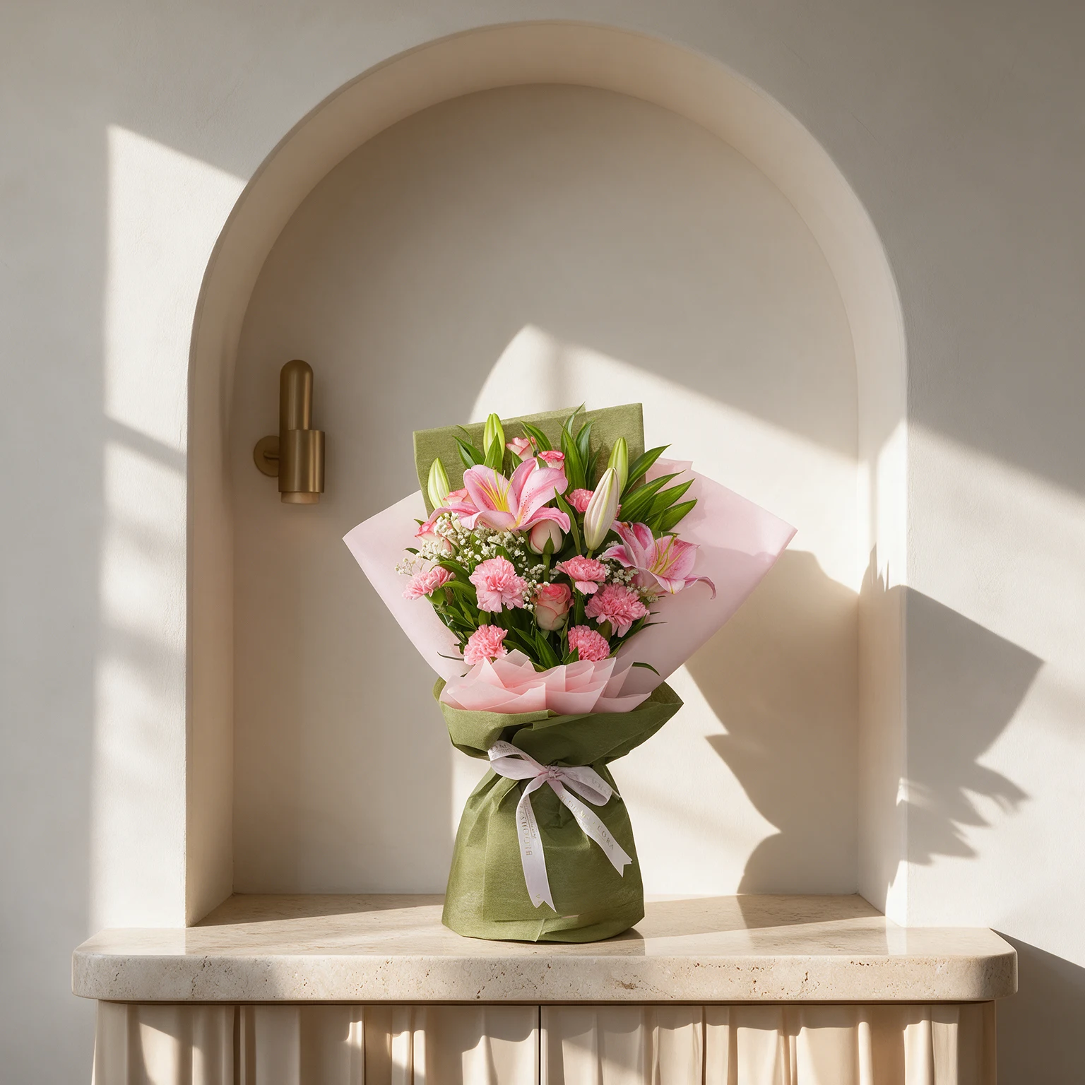 Pink lilies, pink carnations and roses with delicate white filler flowers and green foliage, wrapped in blush pink and sage green paper with a white ribbon.