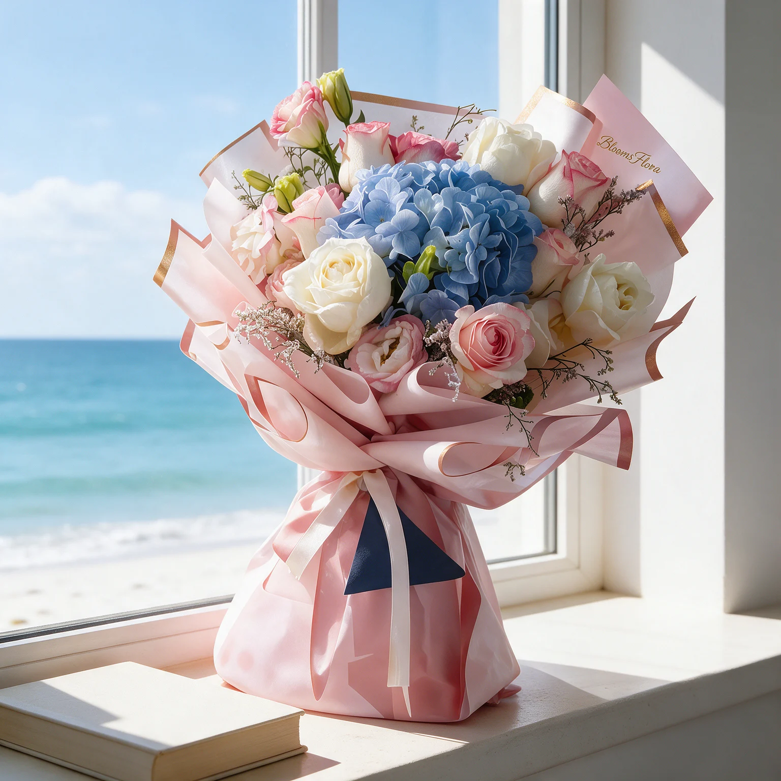 Blue hydrangea bouquet with pink and white roses, delicate green fillers and elegant blush pink wrapping.