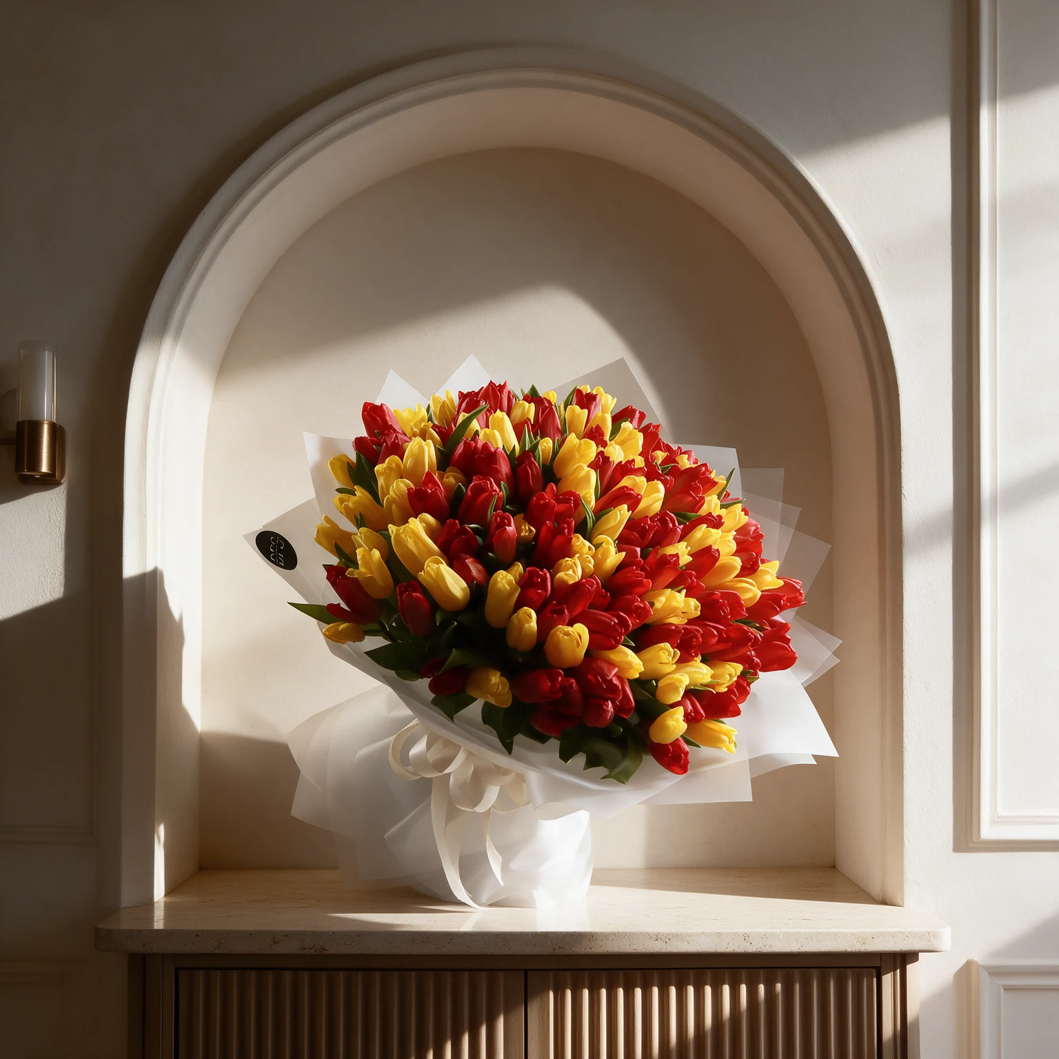 Luxury bouquet of 50 yellow and 50 red tulips elegantly wrapped in white paper, available for same-day flower delivery in Malaysia.