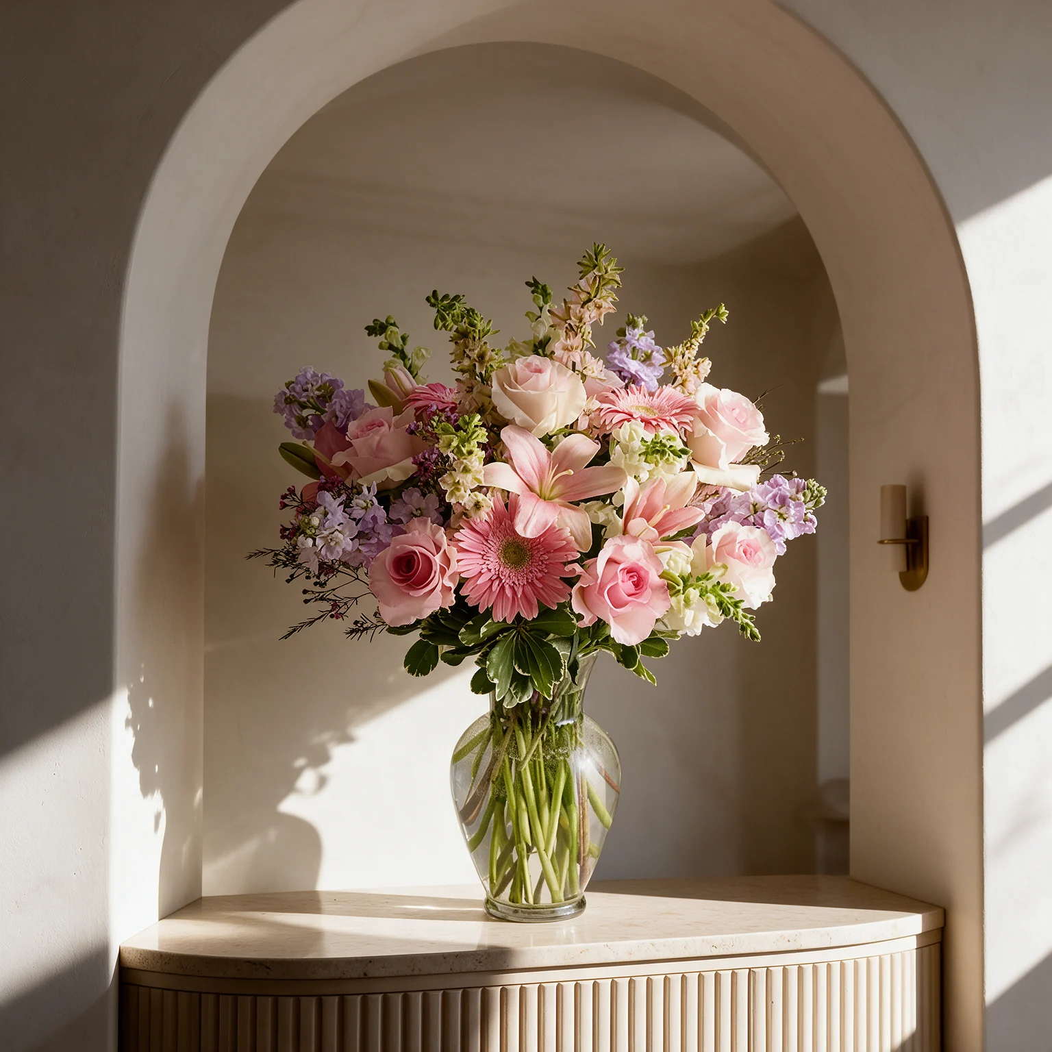 Pink lilies, pink gerberas and pink roses with white matthiola and green foliage arranged in a clear glass vase.