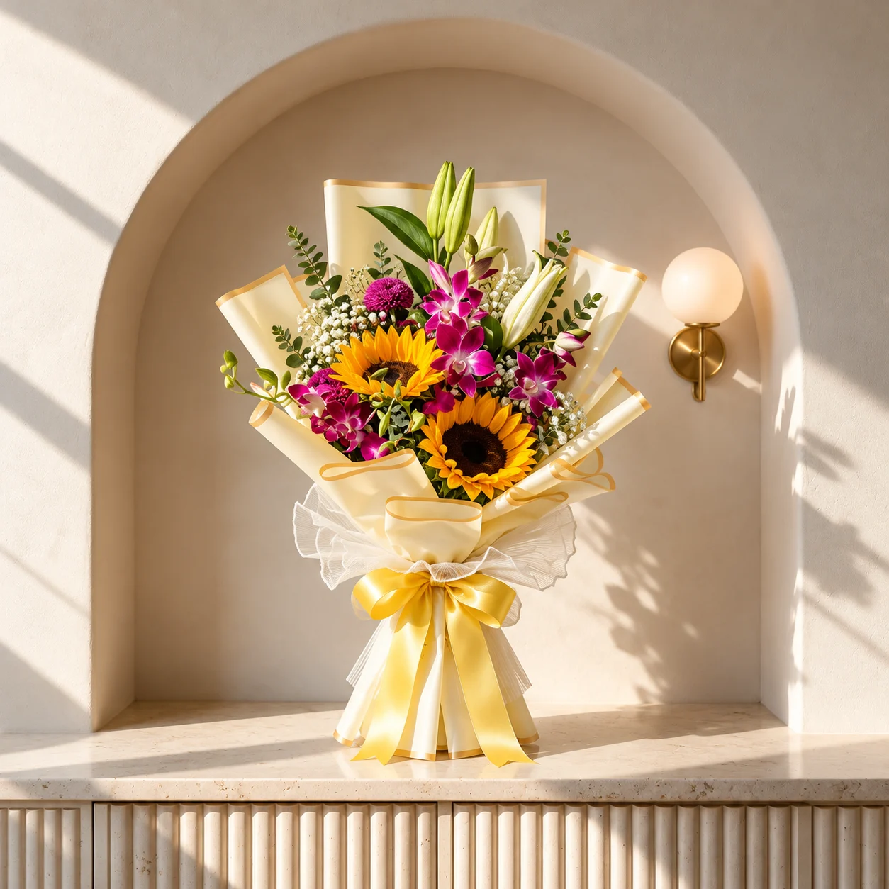 Bouquet of yellow sunflowers, purple orchids and a white lily with green foliage, wrapped in white paper and finished with a yellow ribbon.