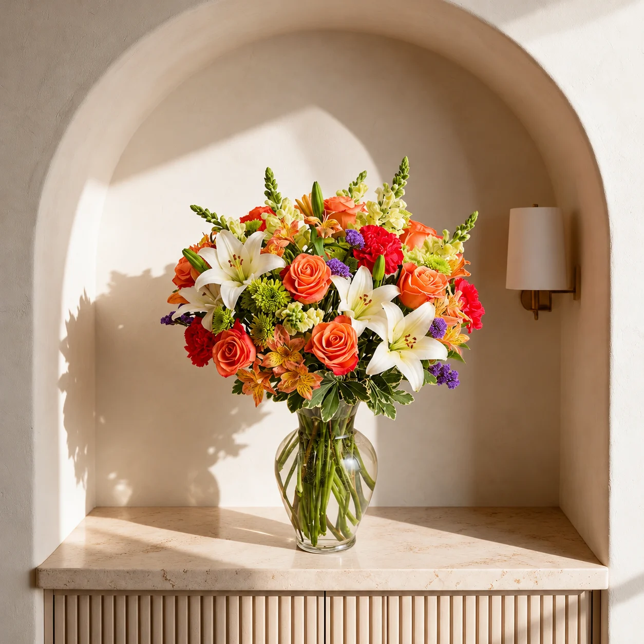 Vase arrangement featuring 2 white lilies, 10 orange roses, 5 dark-coloured carnations, 2 green button chrysanthemums and 5 white matthiola, complemented by green and purple foliage.