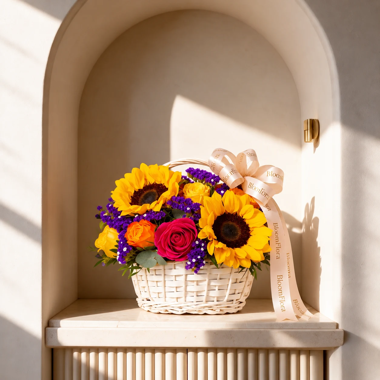 Colourful flower basket featuring 3 sunflowers, 3 yellow roses, 3 orange roses and 3 dark pink-red roses, complemented by decorative purple foliage.