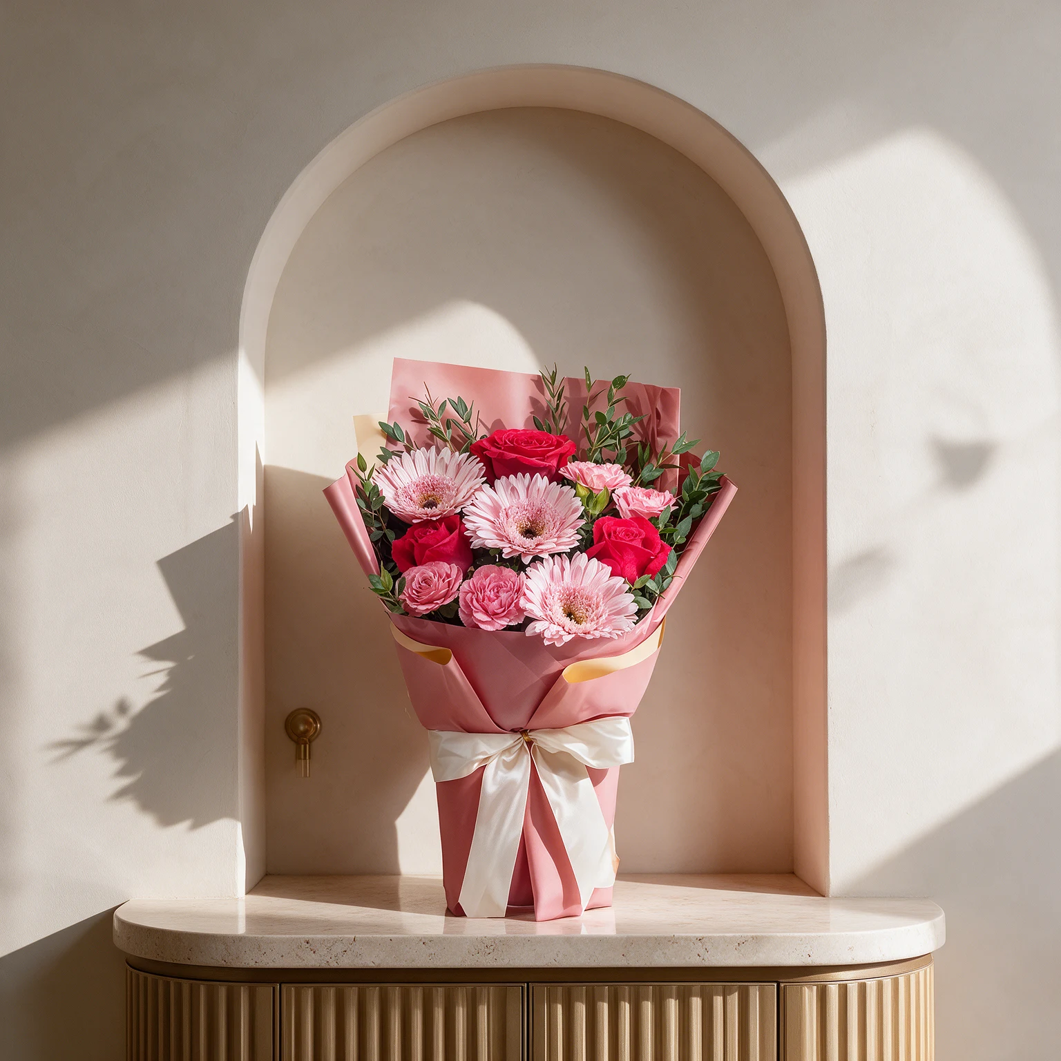 Pink gerbera daisies, red and blush roses with fresh green foliage, wrapped in pink paper and finished with an elegant white bow.