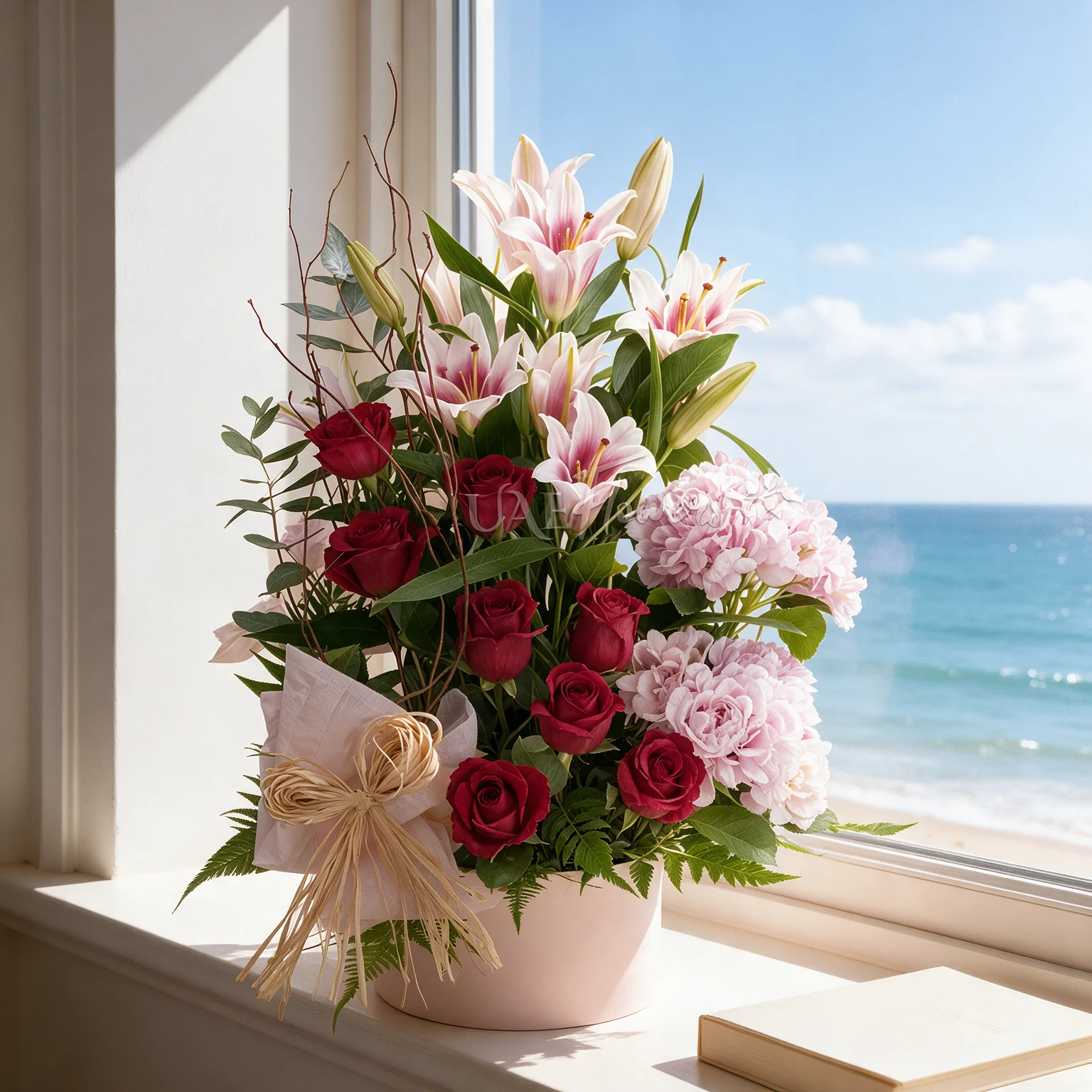 Red roses, pink hydrangeas and pink lilies arranged in a pale pink flower box with green foliage and a raffia bow.