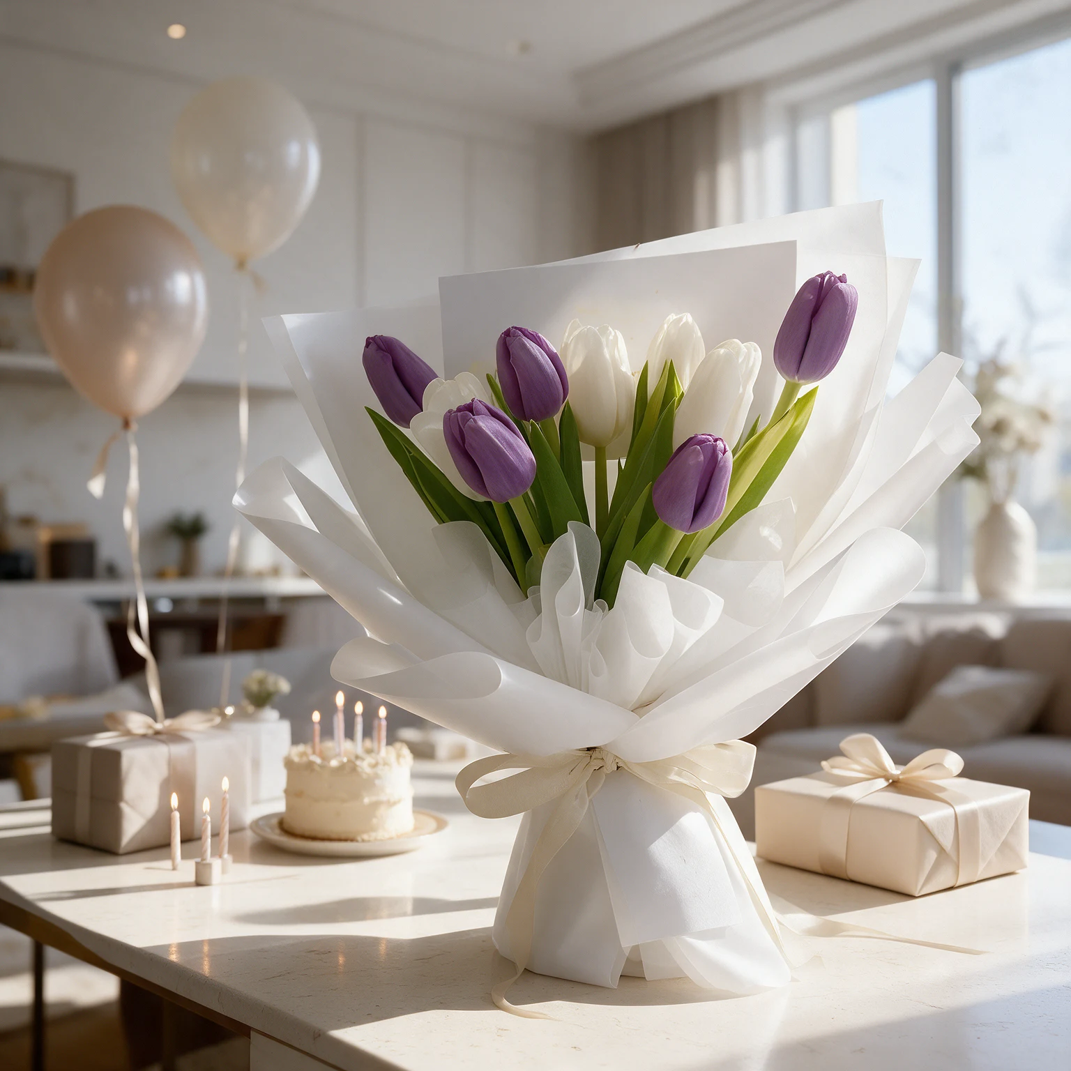 Purple and white tulips with fresh green leaves, wrapped in layered white paper and finished with an ivory satin bow.