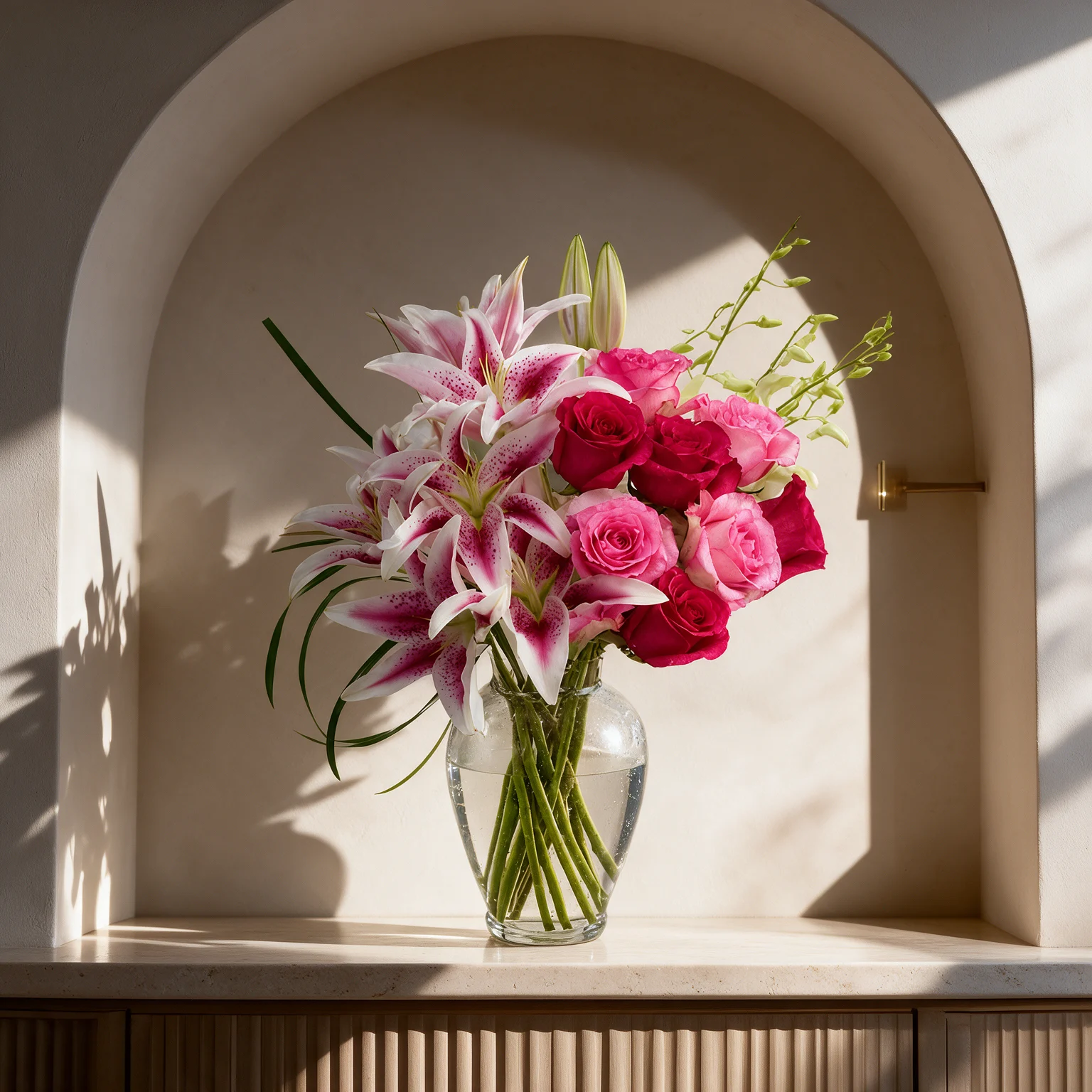 Pink lilies, red and pink roses, and white orchids arranged with green foliage in a clear glass vase.