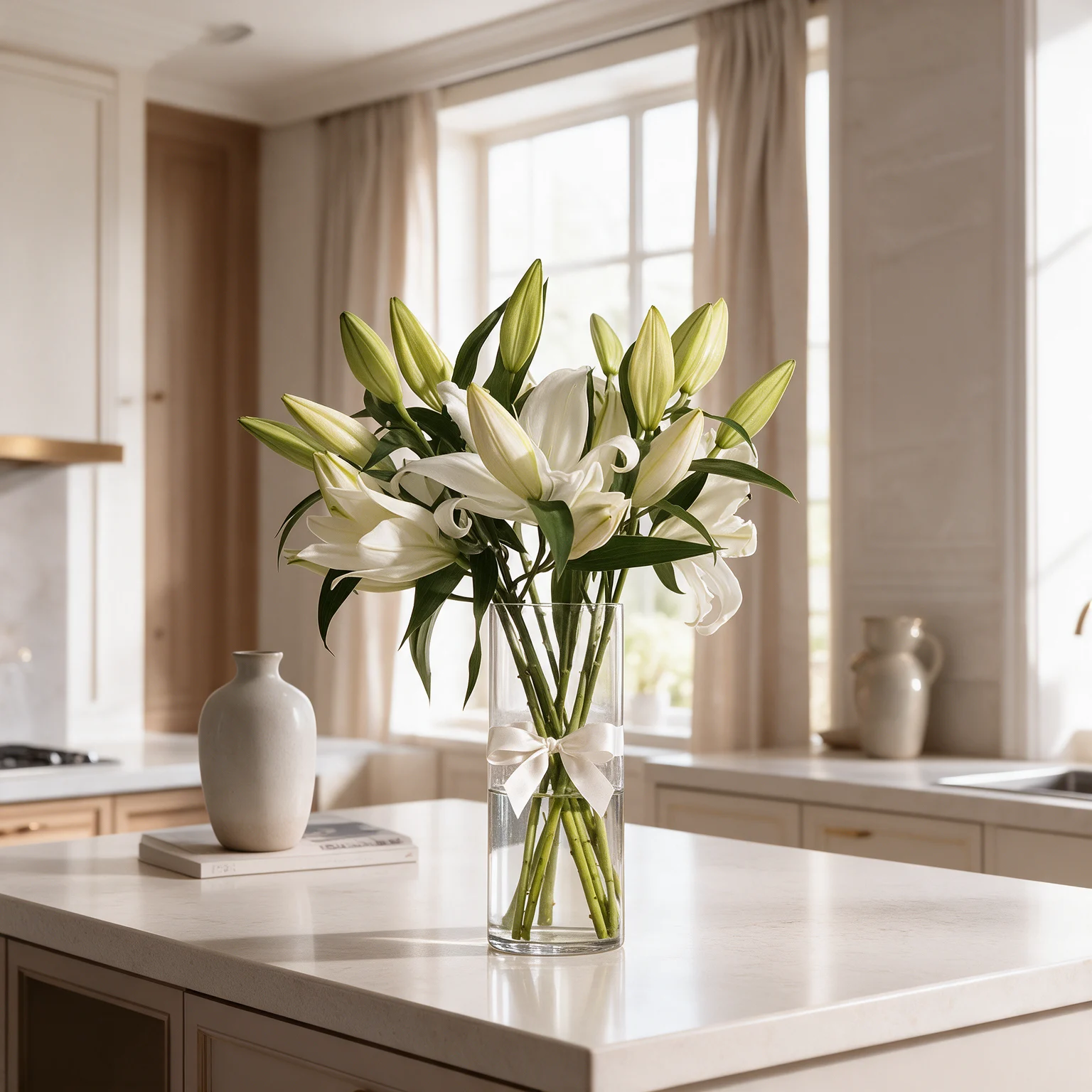 Pink oriental lily vase arrangement with fresh green foliage