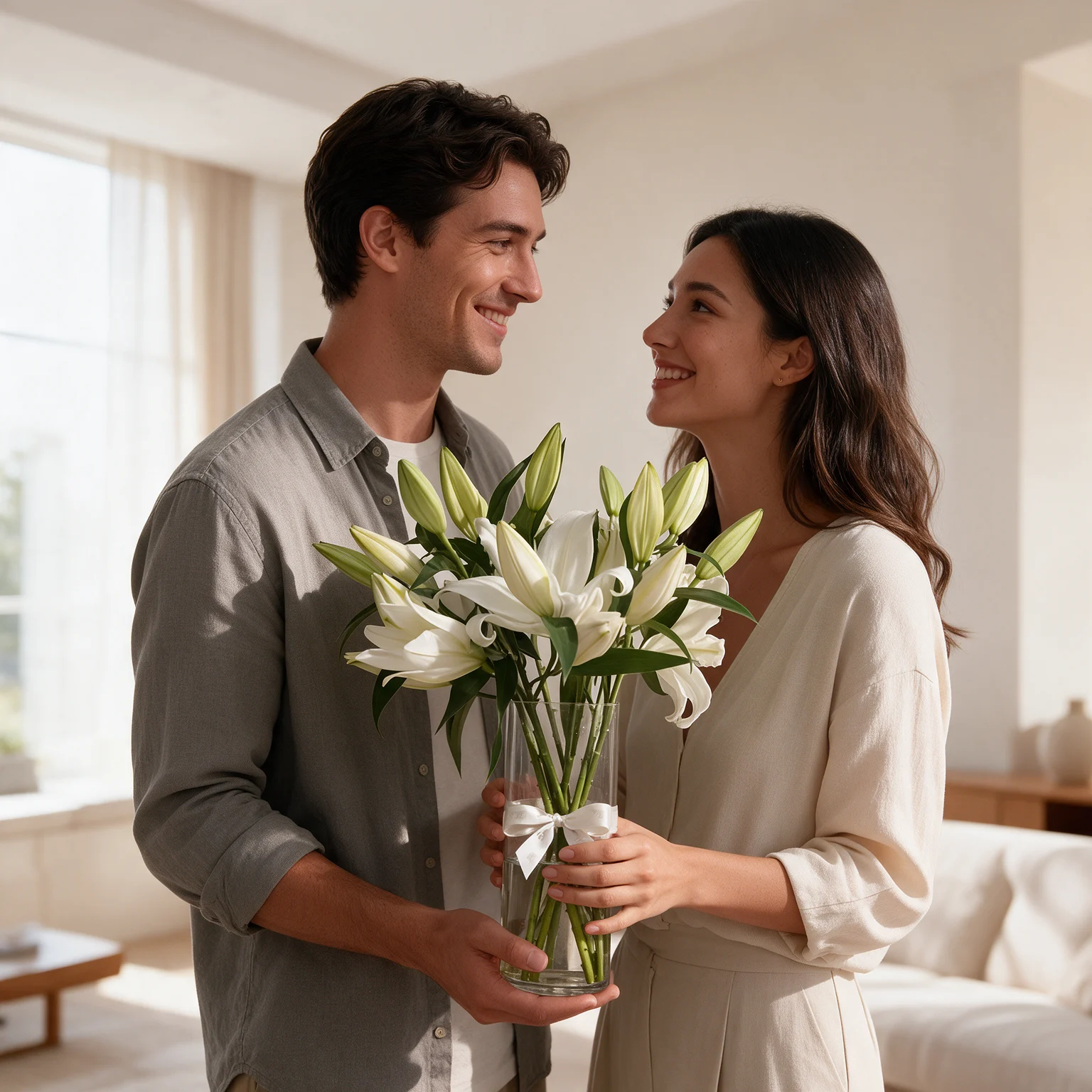 Pink oriental lily vase arrangement with fresh green foliage