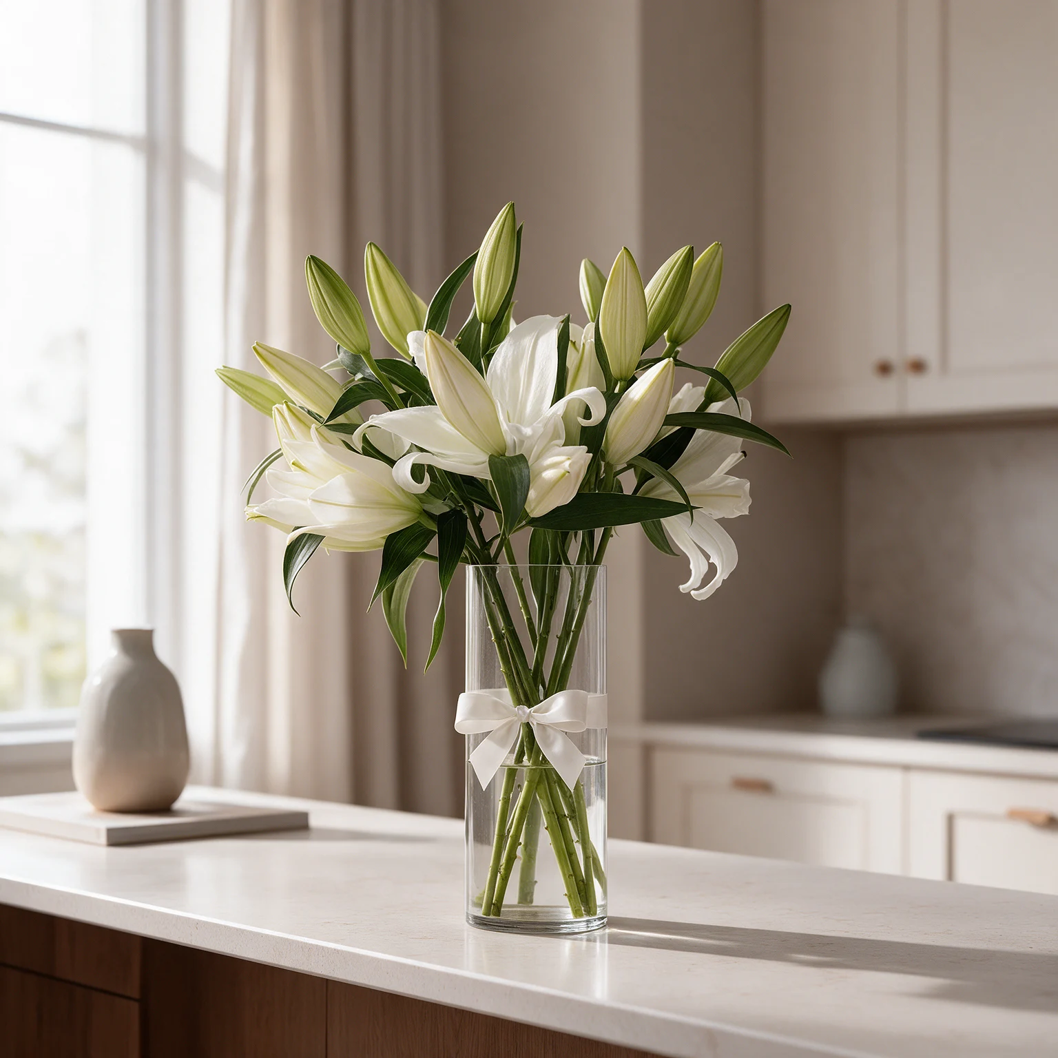 Pink oriental lily vase arrangement with fresh green foliage