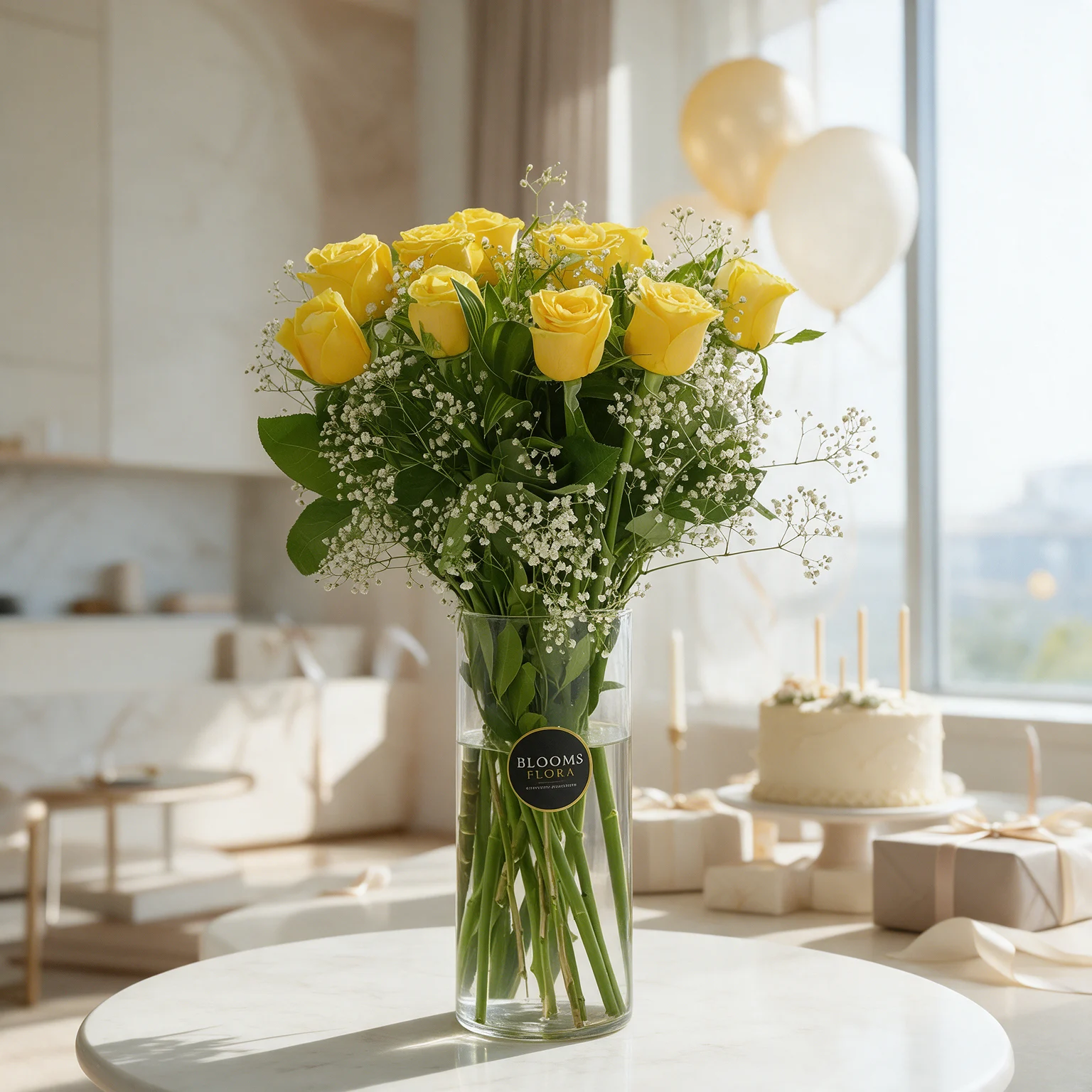 10 yellow roses arranged in a glass vase with white fillers 10 yellow roses arranged in a glass vase with white fillers