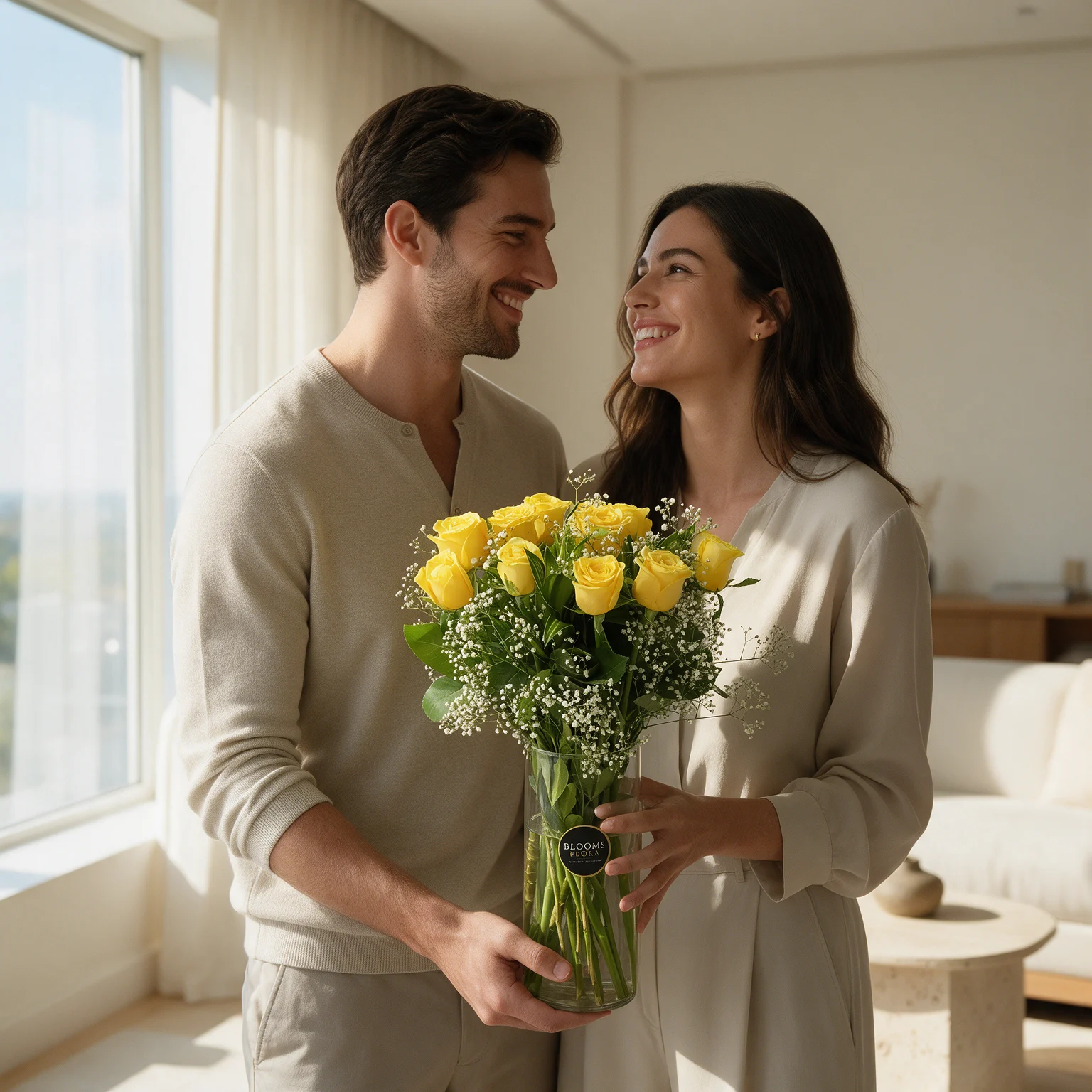10 yellow roses arranged in a glass vase with white fillers