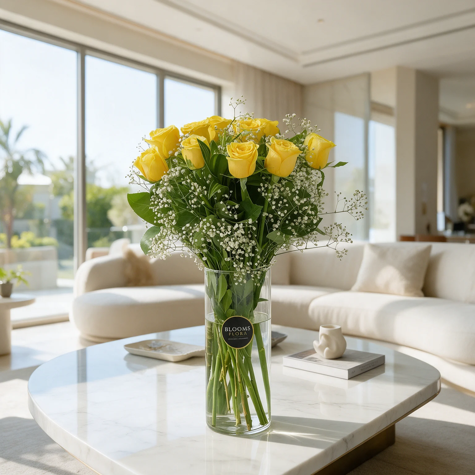 10 yellow roses arranged in a glass vase with white fillers