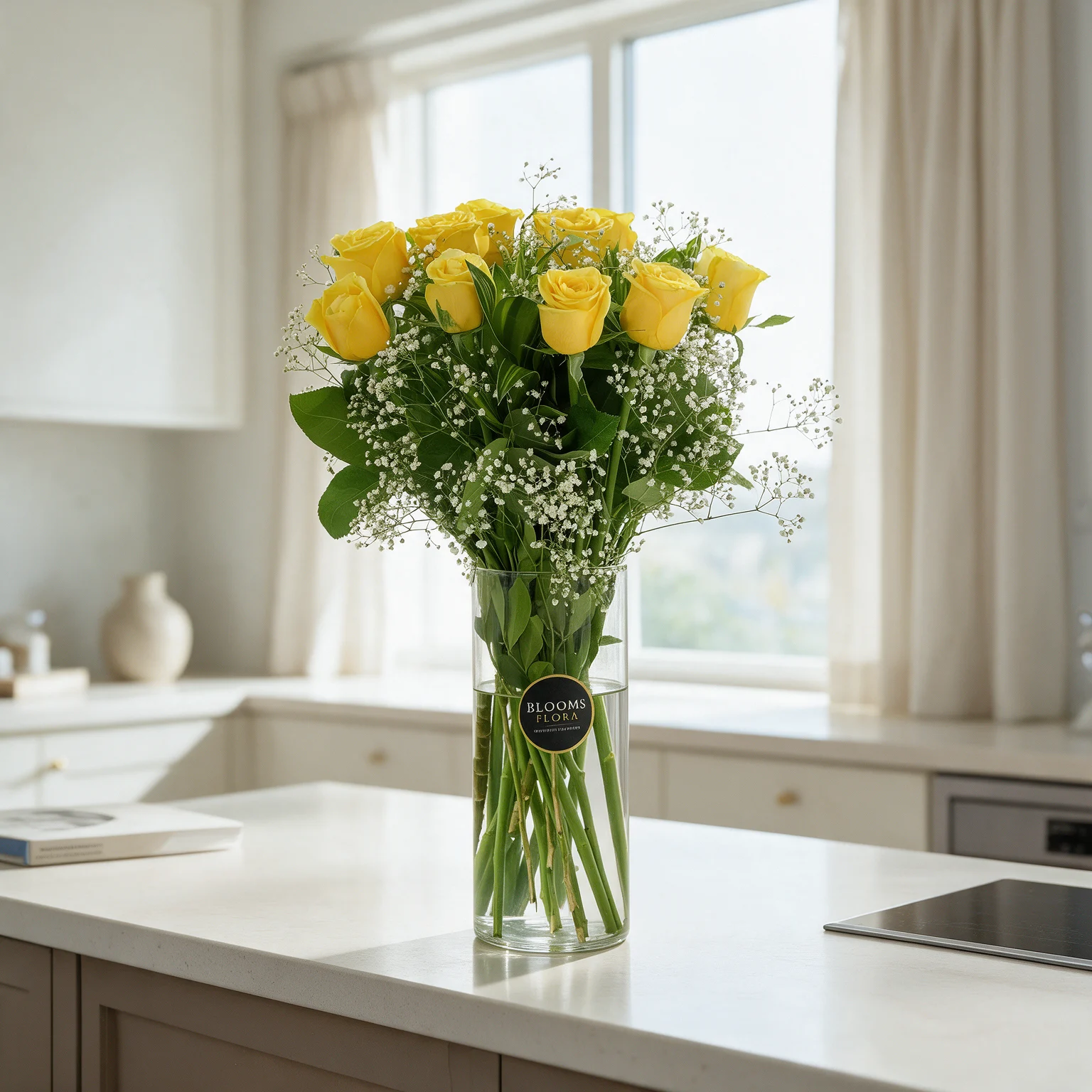 10 yellow roses arranged in a glass vase with white fillers
