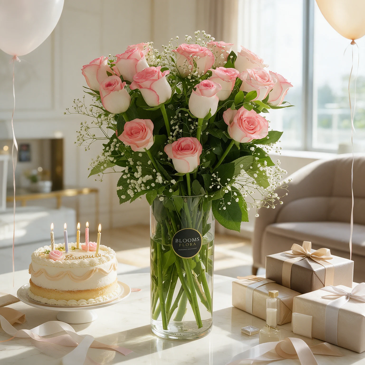 15 pink roses with gypsophila arranged in a glass vase