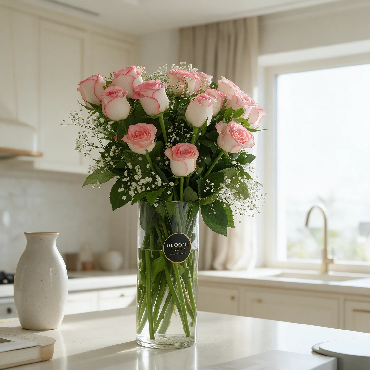 15 pink roses with gypsophila arranged in a glass vase