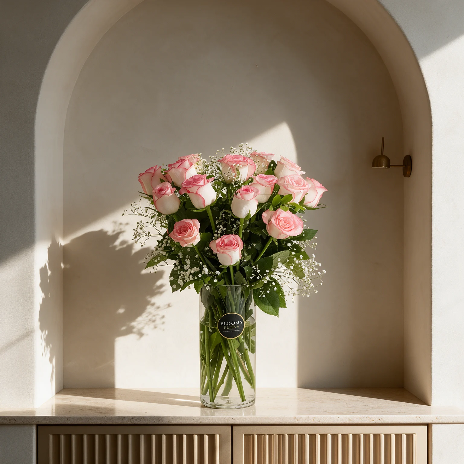 15 pink roses with gypsophila arranged in a glass vase