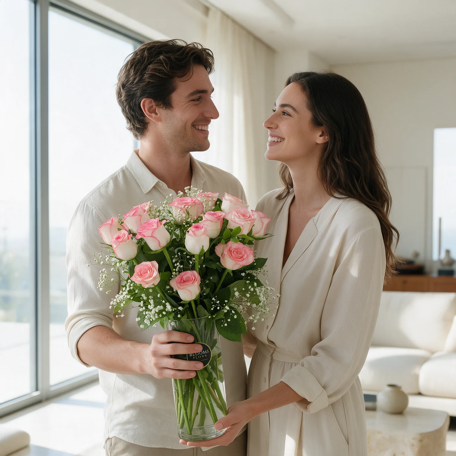 15 pink roses with gypsophila arranged in a glass vase