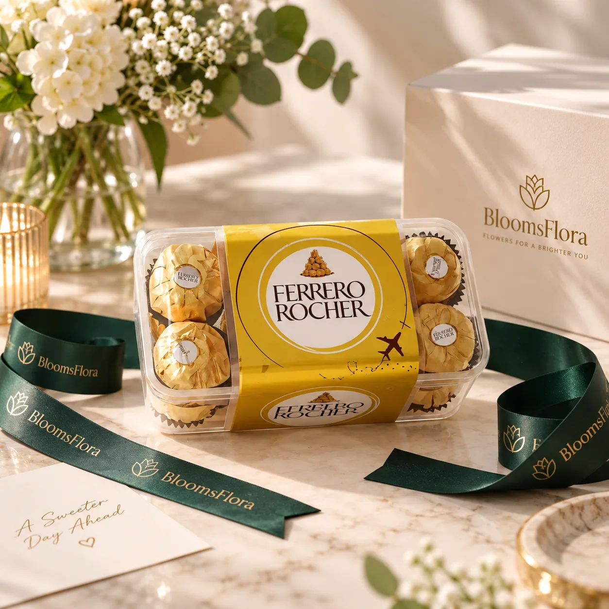16 Ferrero Rocher chocolates in a premium gift box with BloomsFlora ribbon