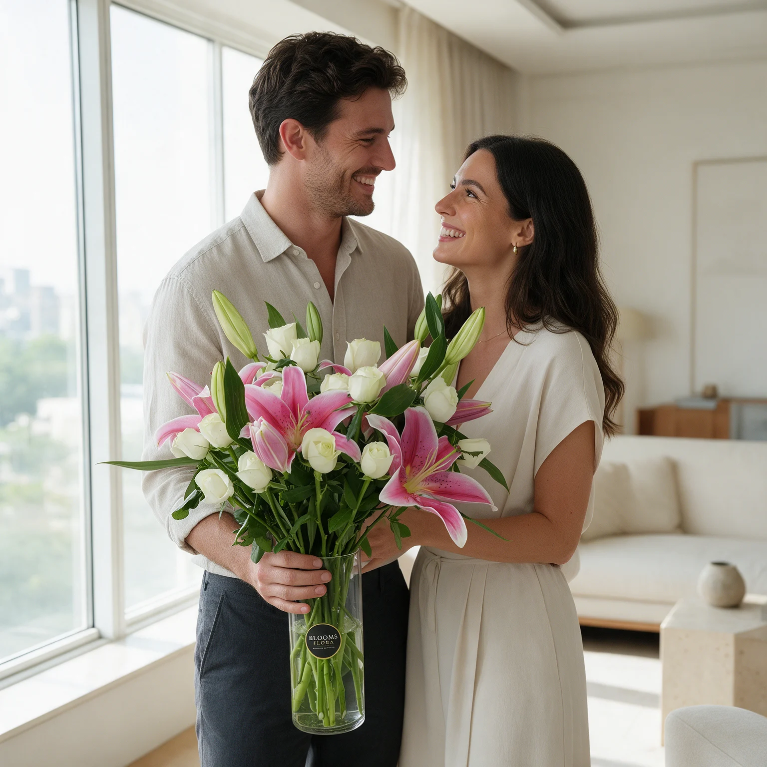 Pink lilies and white roses arranged in a cylindrical glass vase