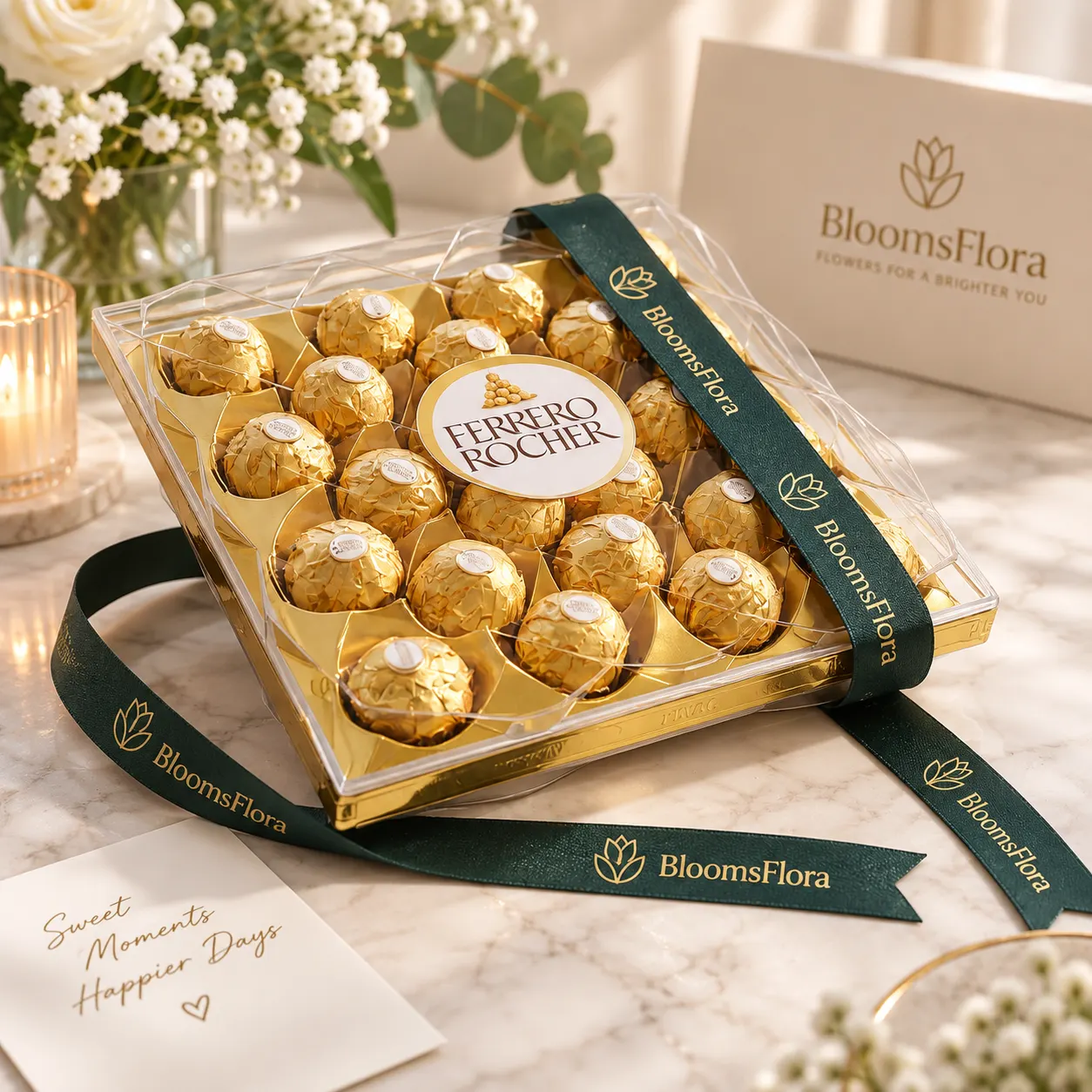 Ferrero Rocher chocolate gift box with gold-wrapped chocolates and BloomsFlora ribbon