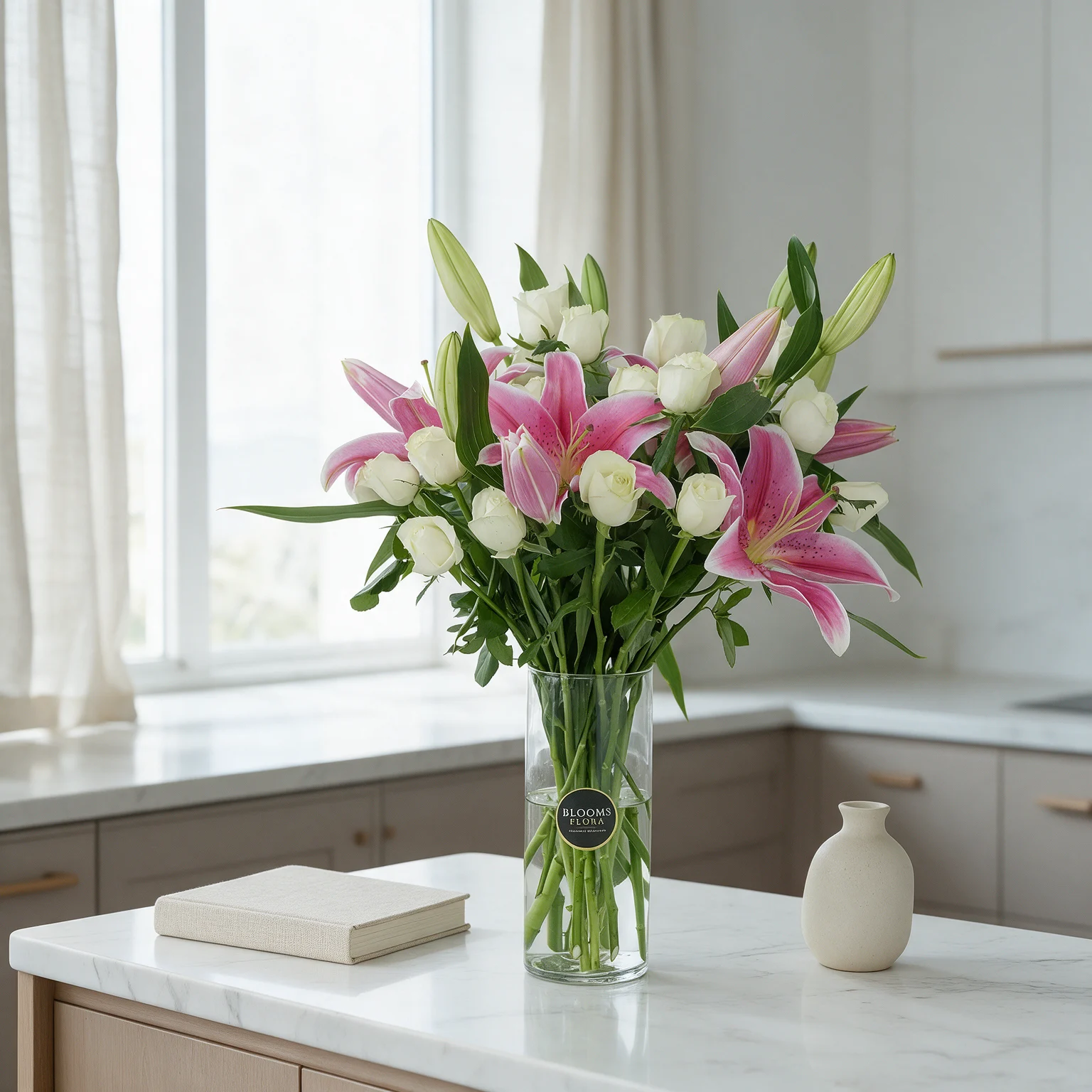 Pink lilies and white roses arranged in a cylindrical glass vase
