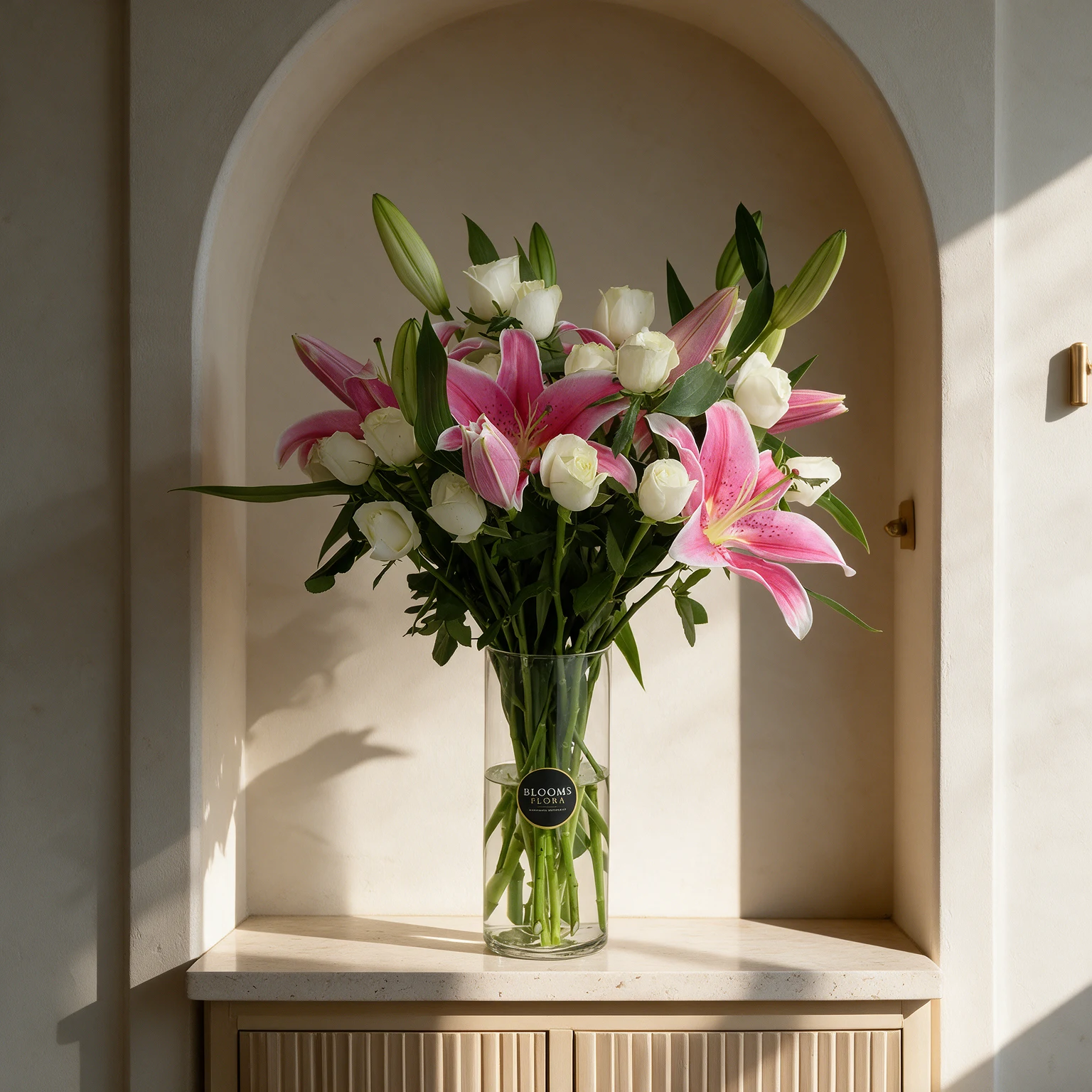 Pink lilies and white roses arranged in a cylindrical glass vase