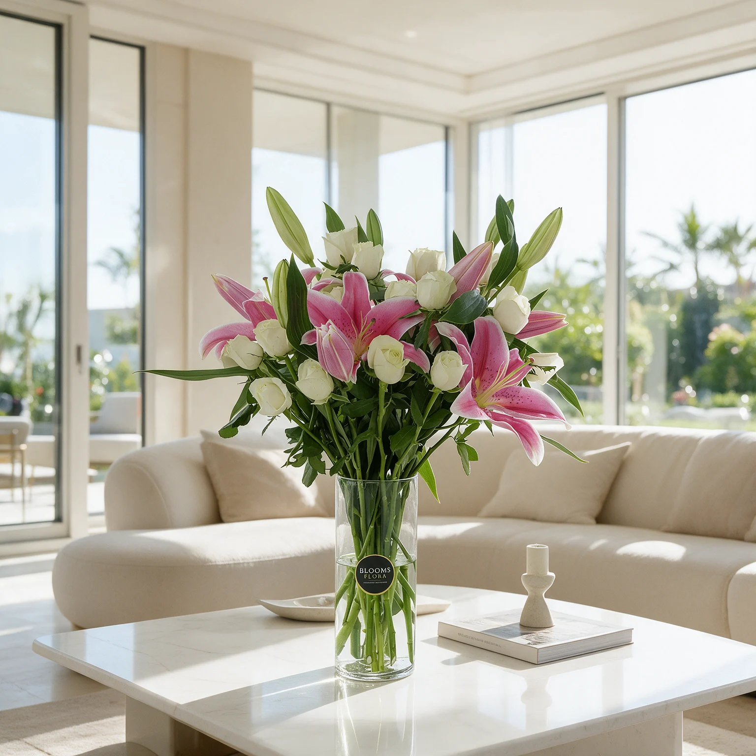 Pink lilies and white roses arranged in a cylindrical glass vase