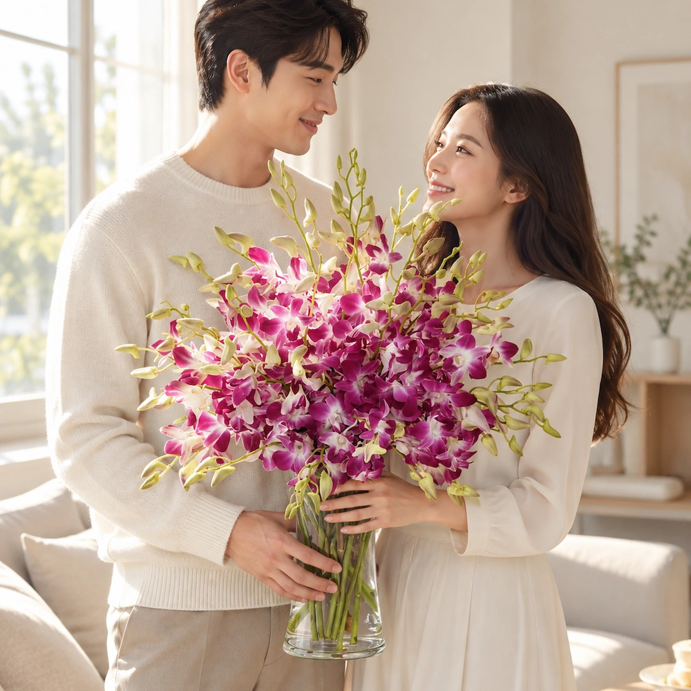 Elegant purple orchid vase arrangement for flower delivery in Malaysia