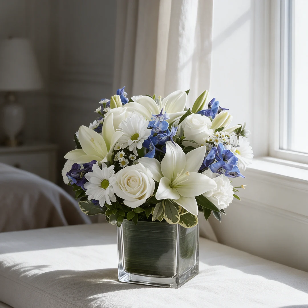 White and blue flower vase arrangement with lilies, roses and hydrangeas in Malaysia