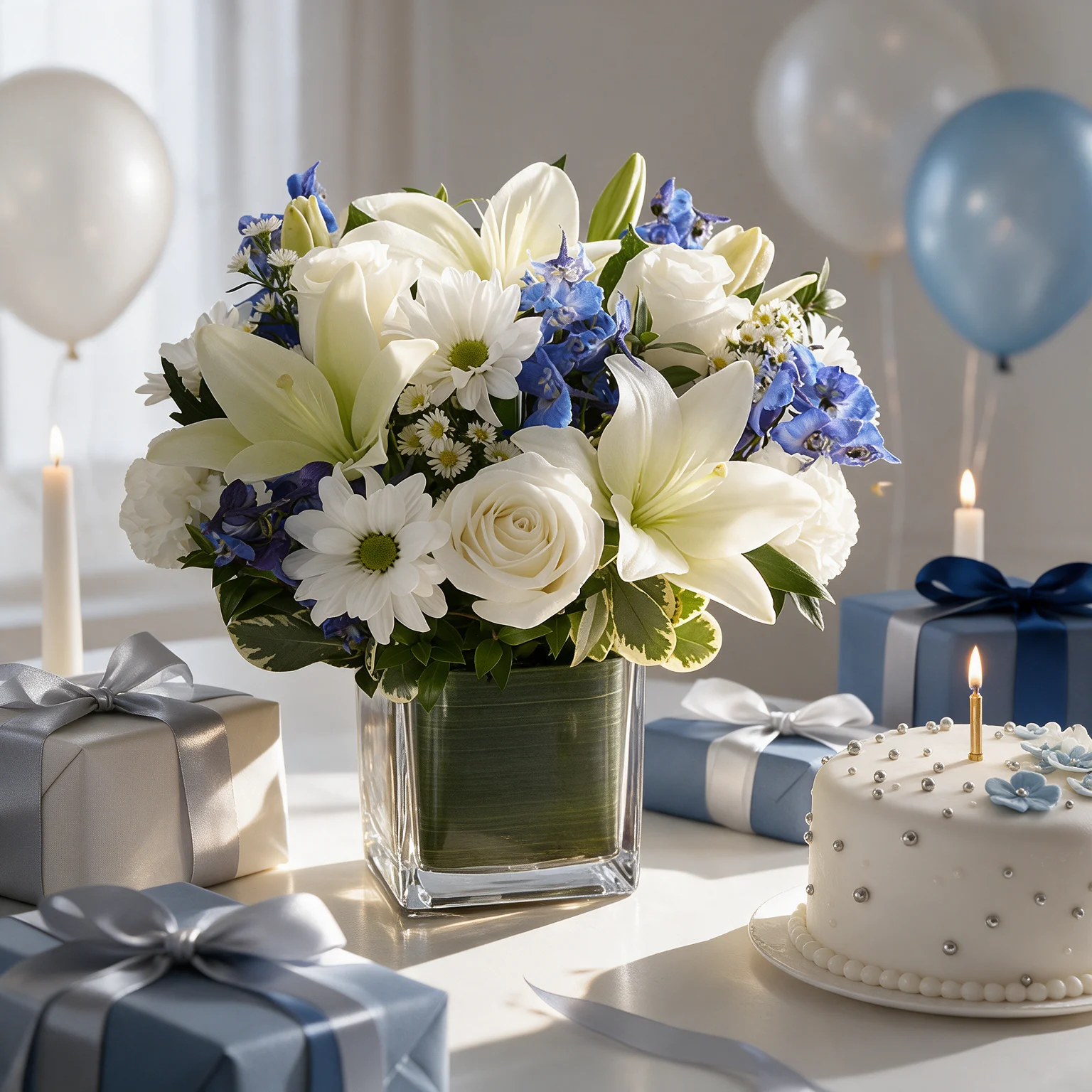 White and blue flower vase arrangement with lilies, roses and hydrangeas in Malaysia