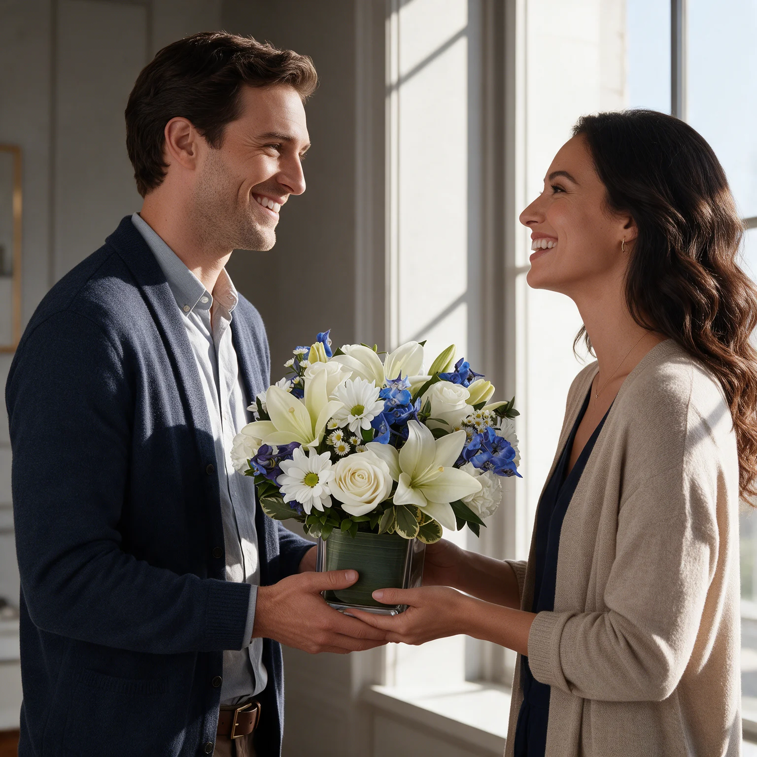 White and blue flower vase arrangement with lilies, roses and hydrangeas in Malaysia
