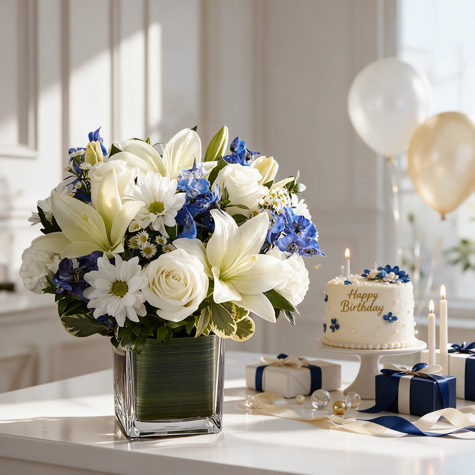 White and blue flower vase arrangement with lilies, roses and hydrangeas in Malaysia