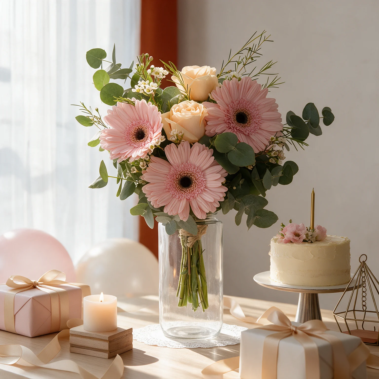 Pink Gerbera Romance Bouquet with eucalyptus and pastel wrapping
