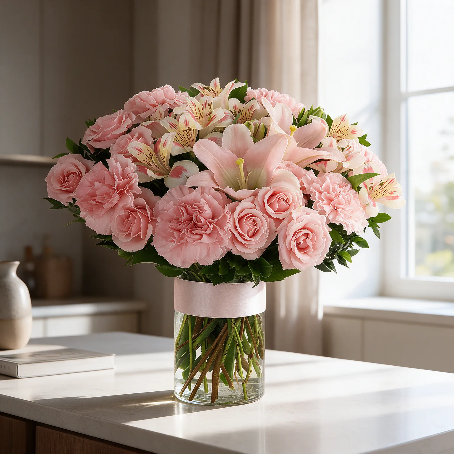 Blush Garden Vase with pink roses, carnations, lily and alstroemeria