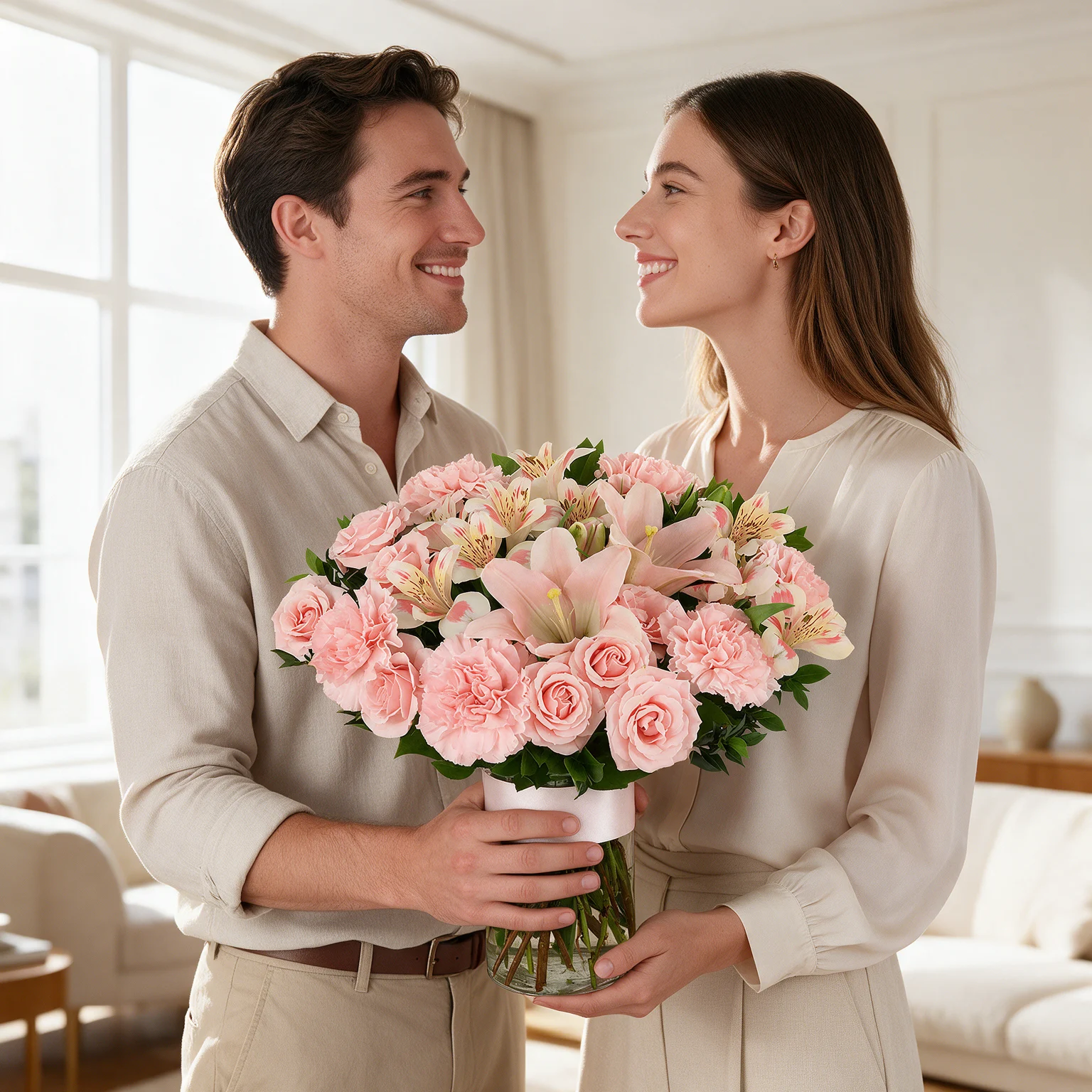 Blush Garden Vase with pink roses, carnations, lily and alstroemeria