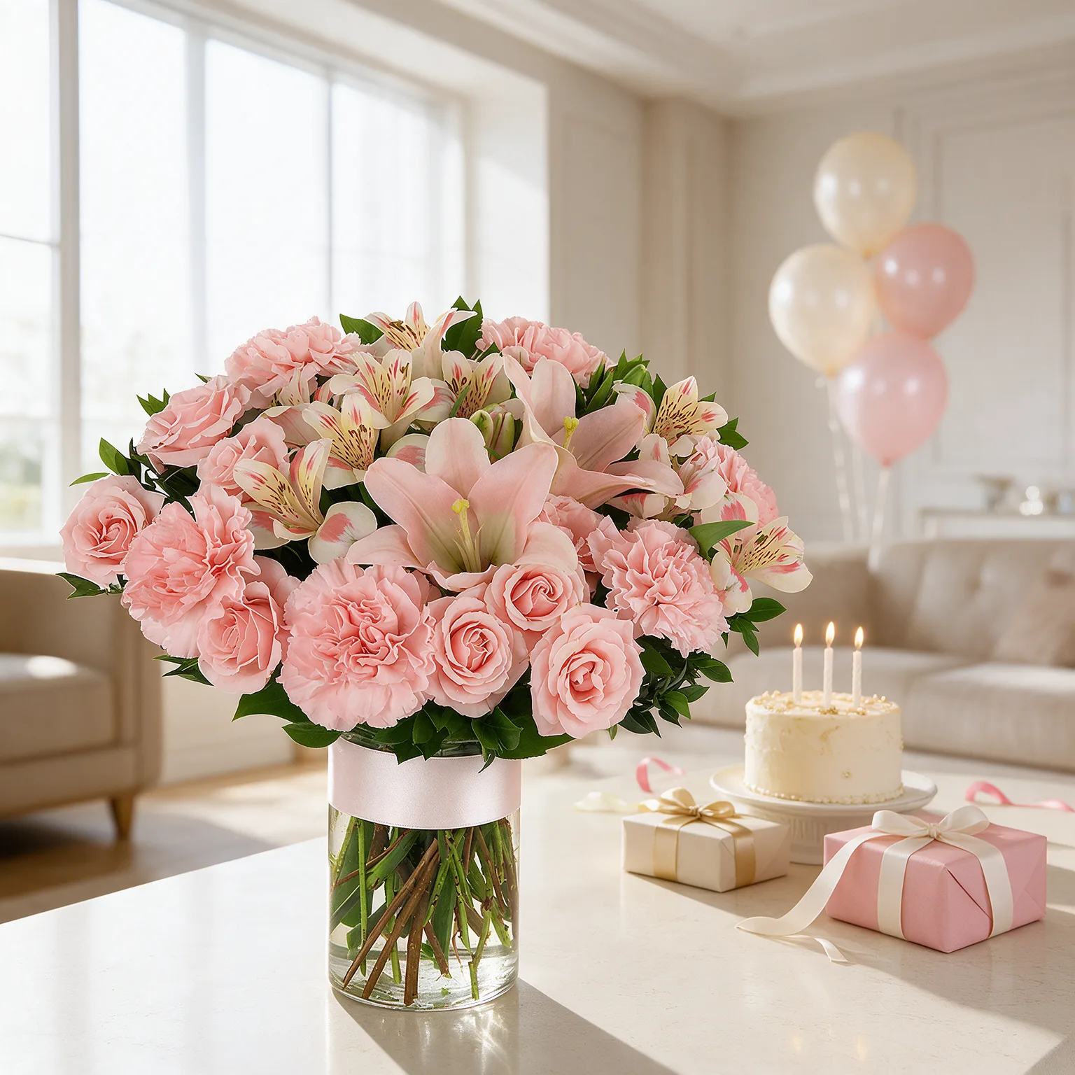 Blush Garden Vase with pink roses, carnations, lily and alstroemeria