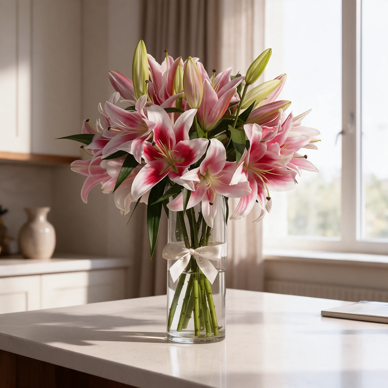 Pink oriental lily vase arrangement with fresh green foliage