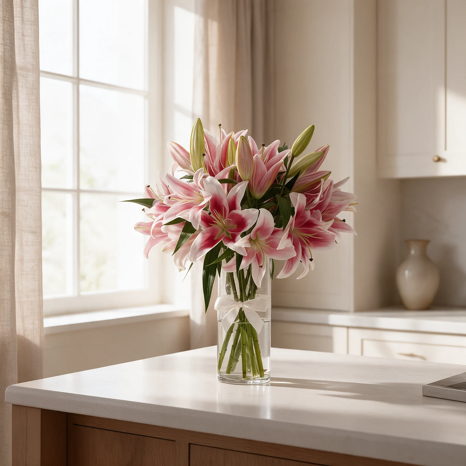 Pink oriental lily vase arrangement with fresh green foliage