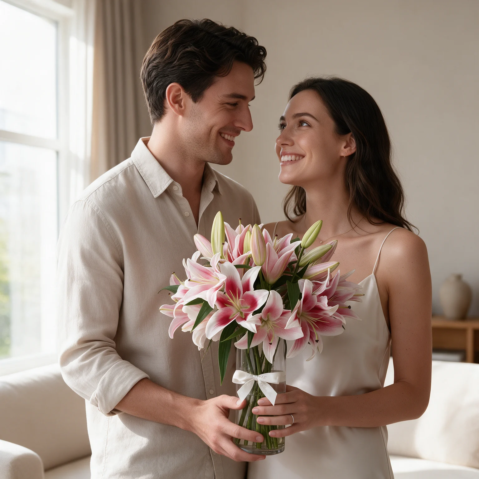 Pink oriental lily vase arrangement with fresh green foliage