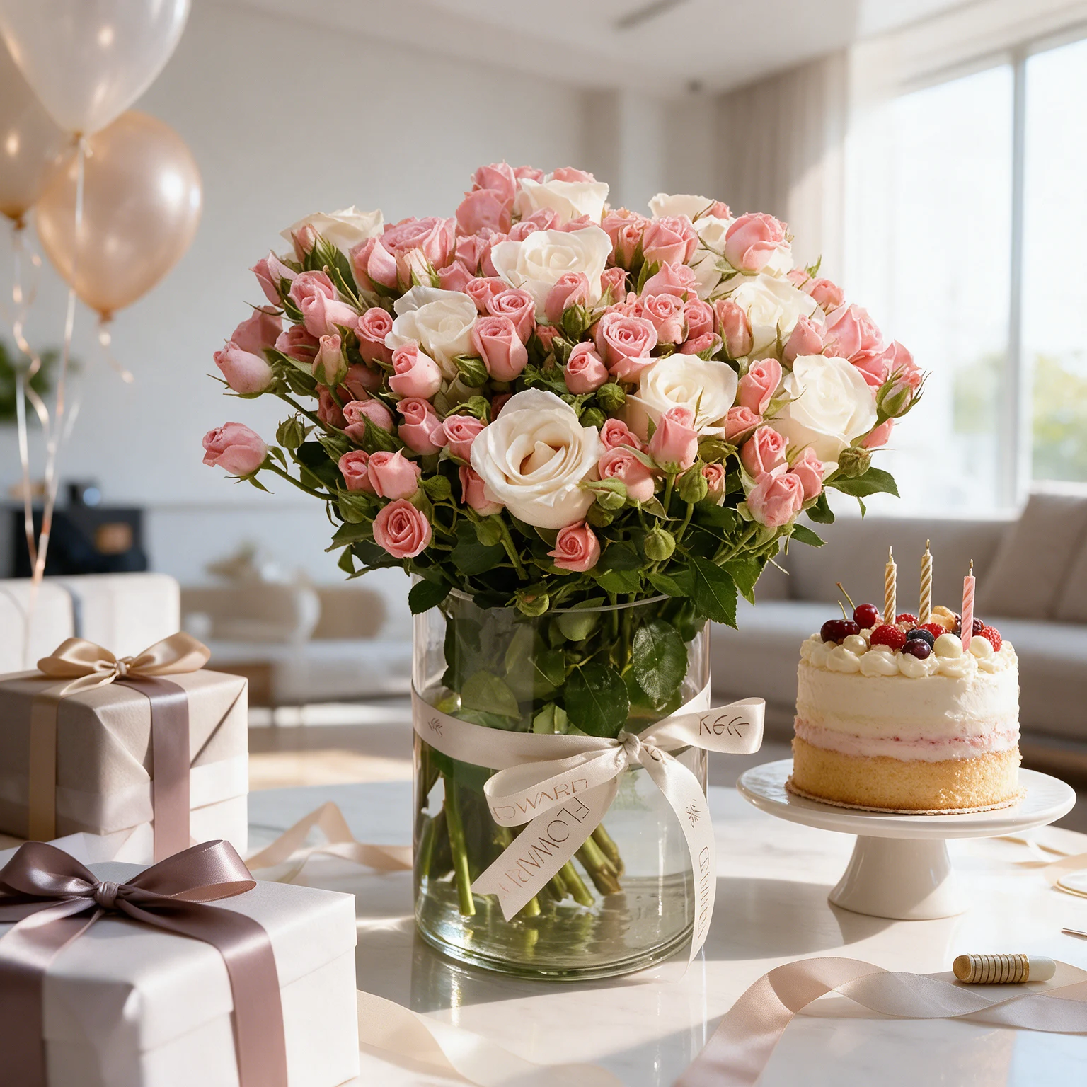 White roses and pink spray roses arranged in a glass vase
